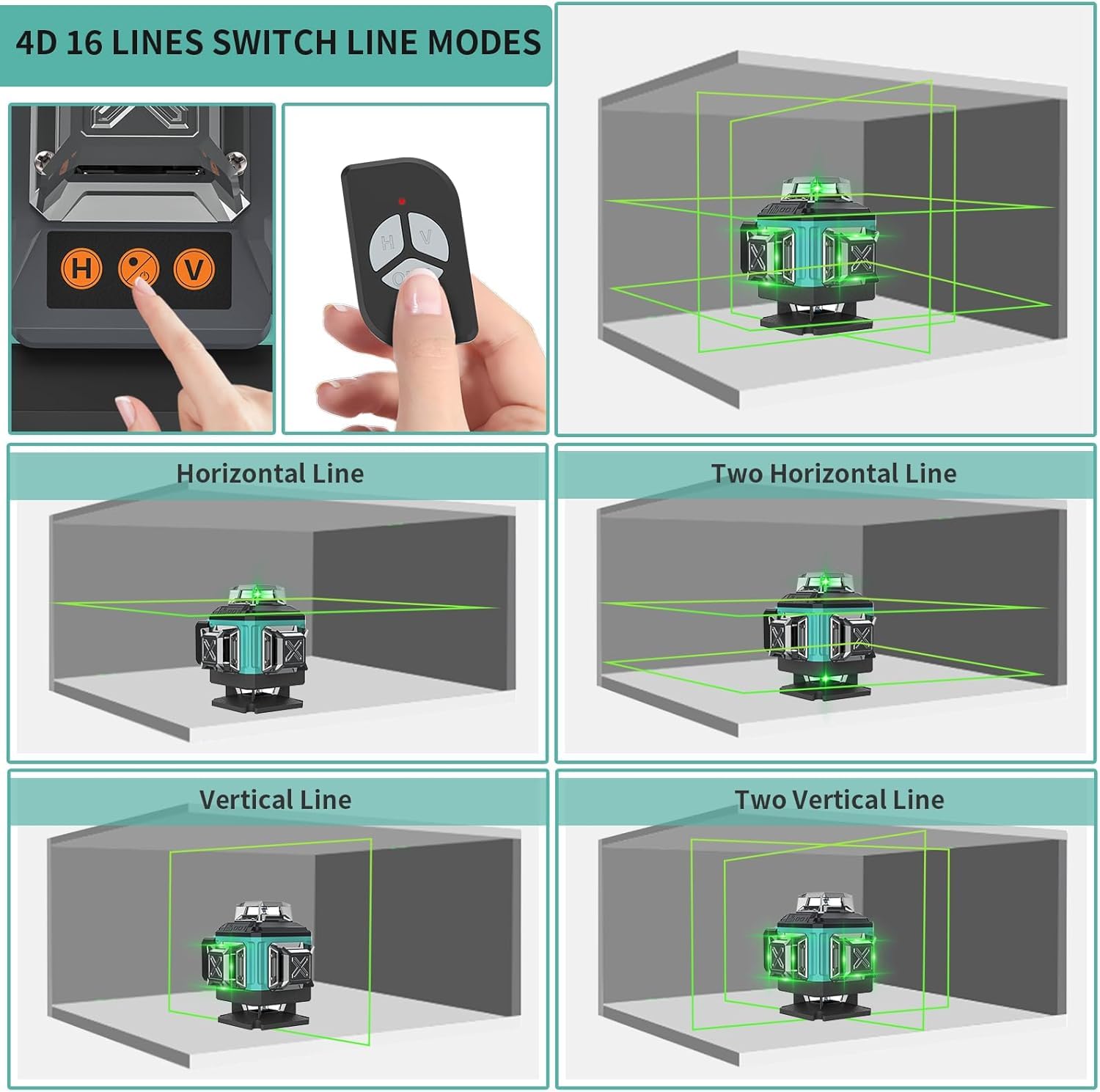 Niveau Laser Chantier Autonivelant 360° x 4, Lazer Niveaux 4D 16 Lignes Laser, Autonivellement et Mode Pulsé Extérieur, 2 x Batterie, Nivellement Automatique, Support Rotatif, Télécommande