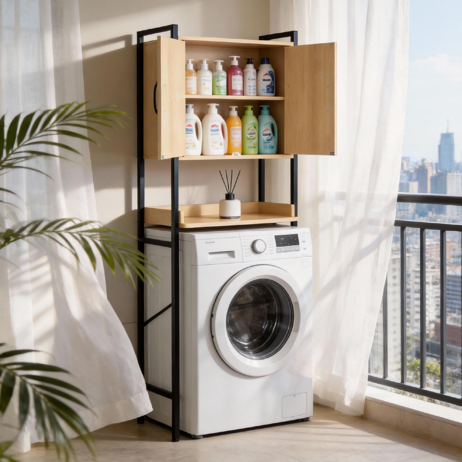LEADZM Waschmaschinenschrank, Waschmaschinenregal Regal über Waschmaschine | Toilettenregal mit Schrank, Badregal, 64,5 x 30 x 171 cm