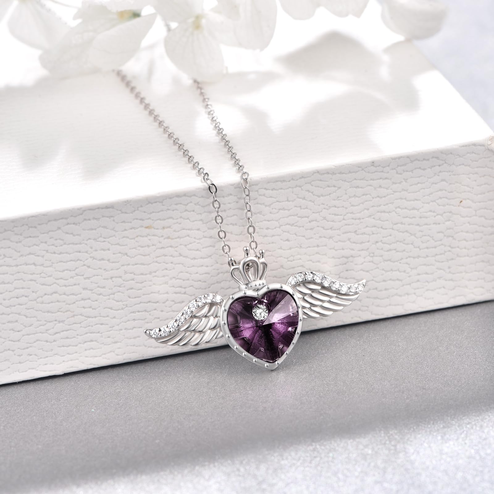 TANGPOET Engelsflügel Halskette 925 Sterling Silber Liebe Herz Kristall Kette Königin Krone Anhänger Geburtsstein Schmuck Geschenk für Frauen Mädchen mit Geschenkbox