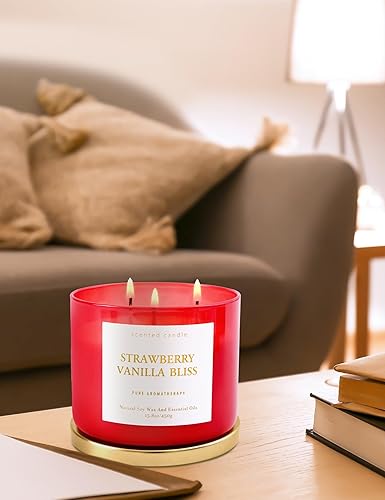 Miniatura 6 de Strawberry Vanilla Bliss - Vela perfumada de soja de 3 mechas de 15.8 onzas  Vela grande de bayas y vainilla para el hogar  Vela relajante de