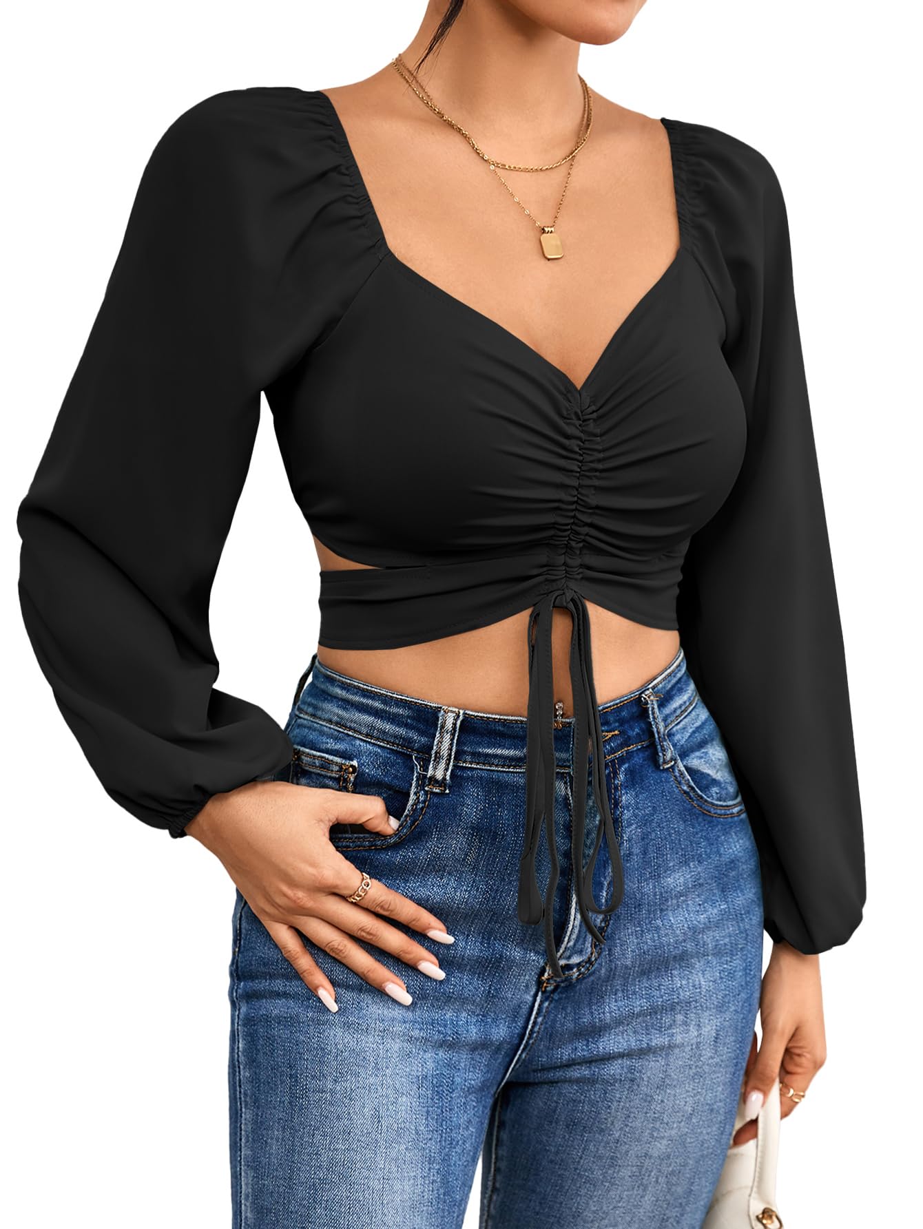 Rooscier Women's Drawstring V Neck Ruched Lantern Long Sleeve Tie Back Crop Top Blouse