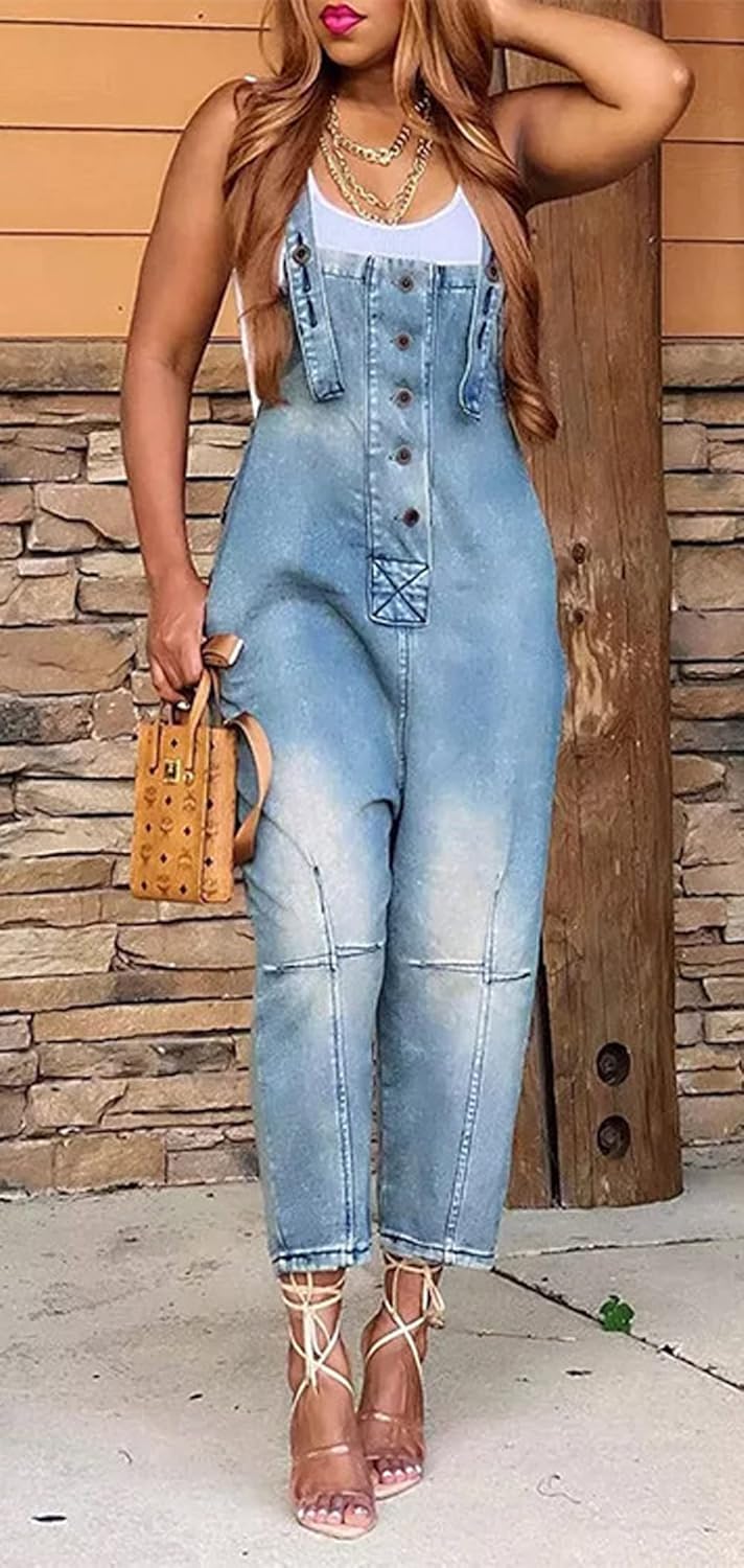 CHARTOU Women's Casual Loose Fit Jean Jumpsuit Overalls Crop Harem Denim Pants - Image 2