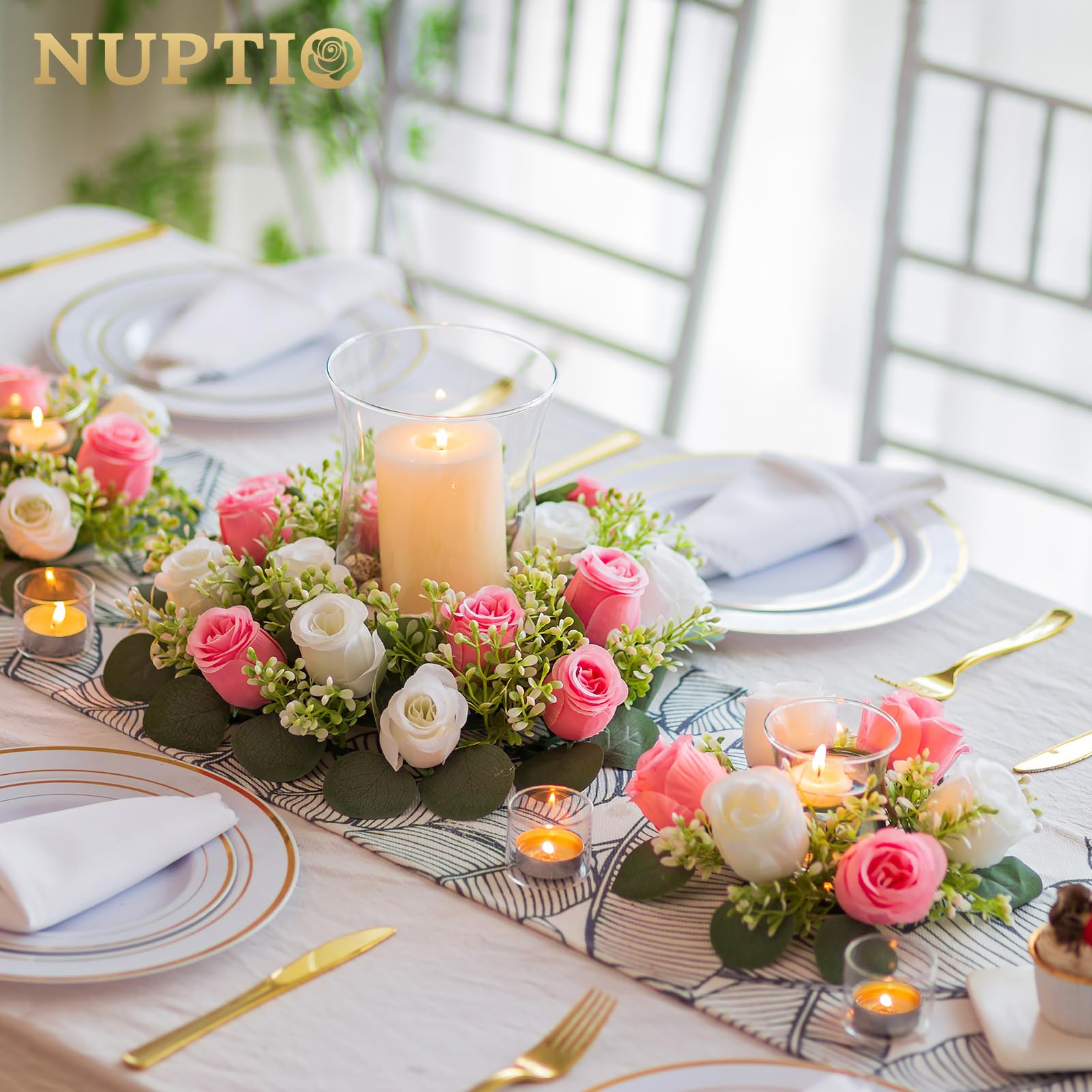 NUPTIO Fleur Centre de Table Mariage - 10 Pièces 38cm Diamètre Rose & Blanc Petit Roses Fleurs Artificielle Deco Maison Bouquet pour Décoration Champetre Cérémonie Anniversaire
