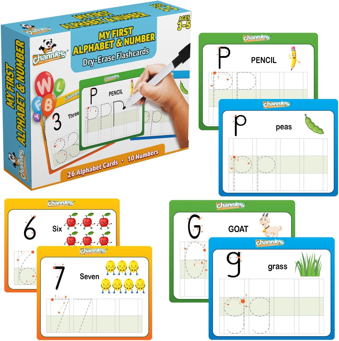 Channie's PreK Kindergarten Handwriting Visual Alphabets & Numbers Learning & Tracing Workbooks, 3 Pack - Alphabet & Numbers Preschool Workbook for Homeschool and After School