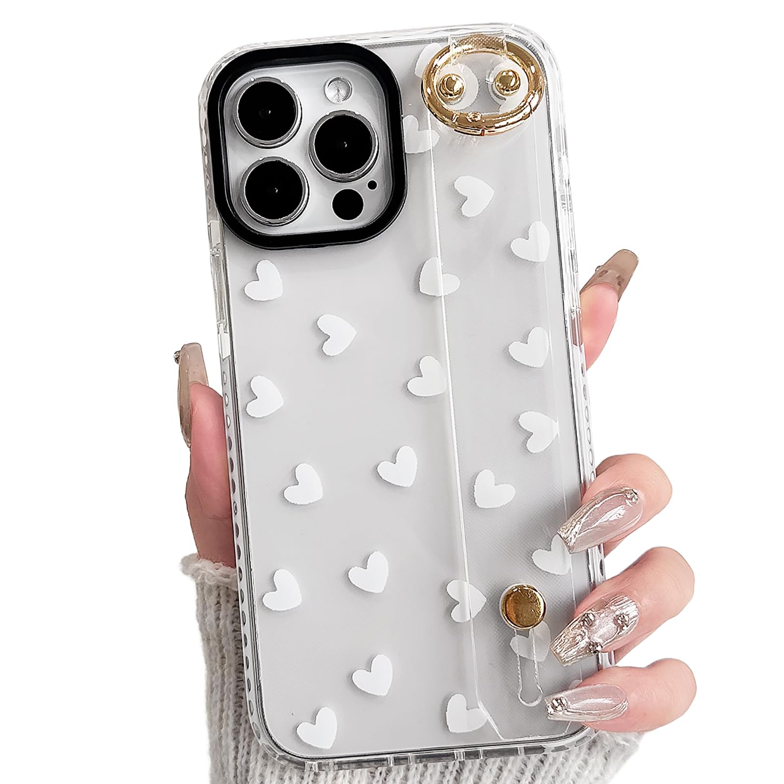 NITITOP Compatible with iPhone 15 Pro Max Case Clear Cute Pattern Design for Women Girls with Wrist Adjustable Hand Strap Kickstand Grip Holder Soft