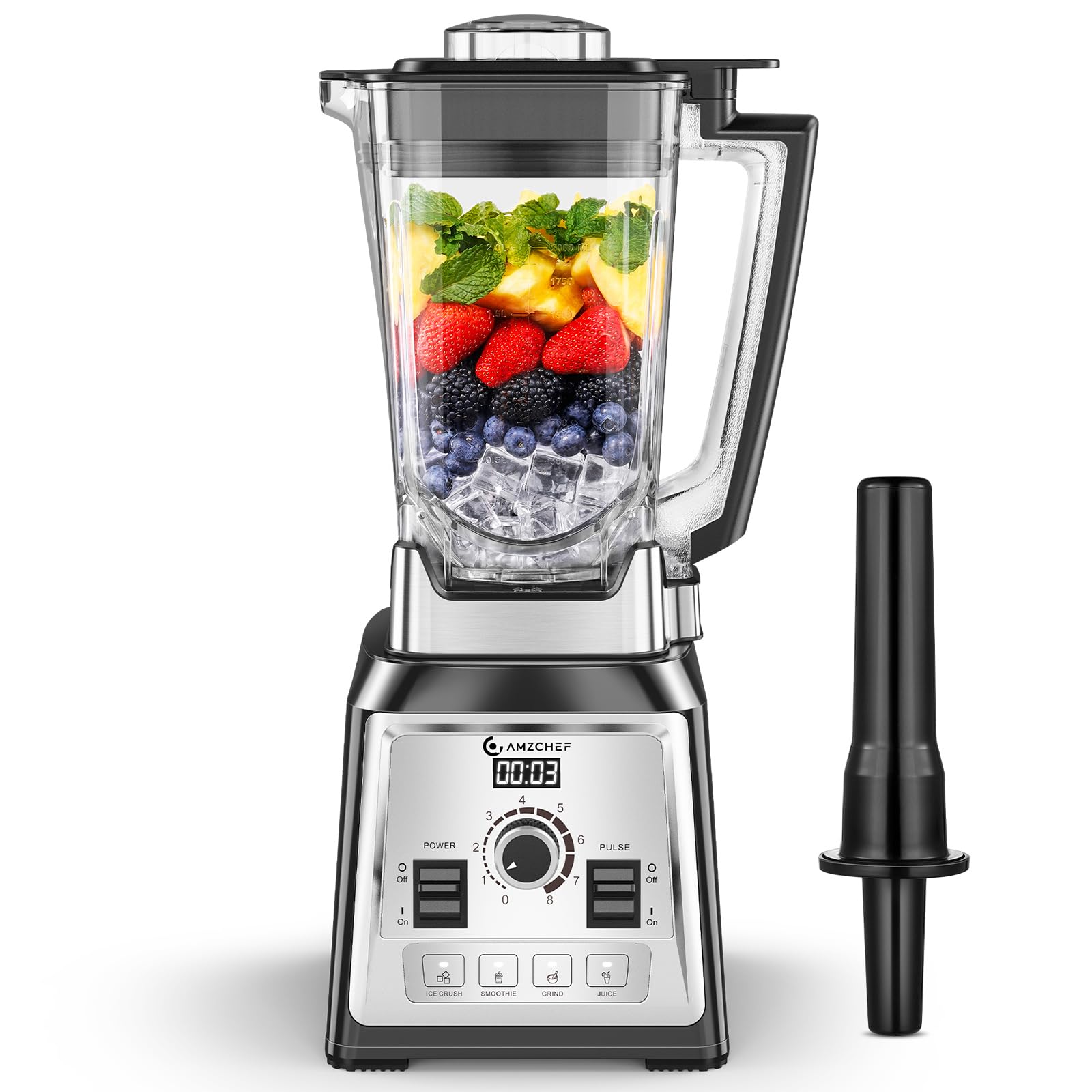 AMZCHEF Professionale Frullatore, 2000W Frullatore Elettrico con 4 Funzioni a un Pulsante e 8 Velocità Regolabili e Funzione Pulsazioni, Smoothie Blender con 8 Lame in Acciaio Inox - 25000 giri/min