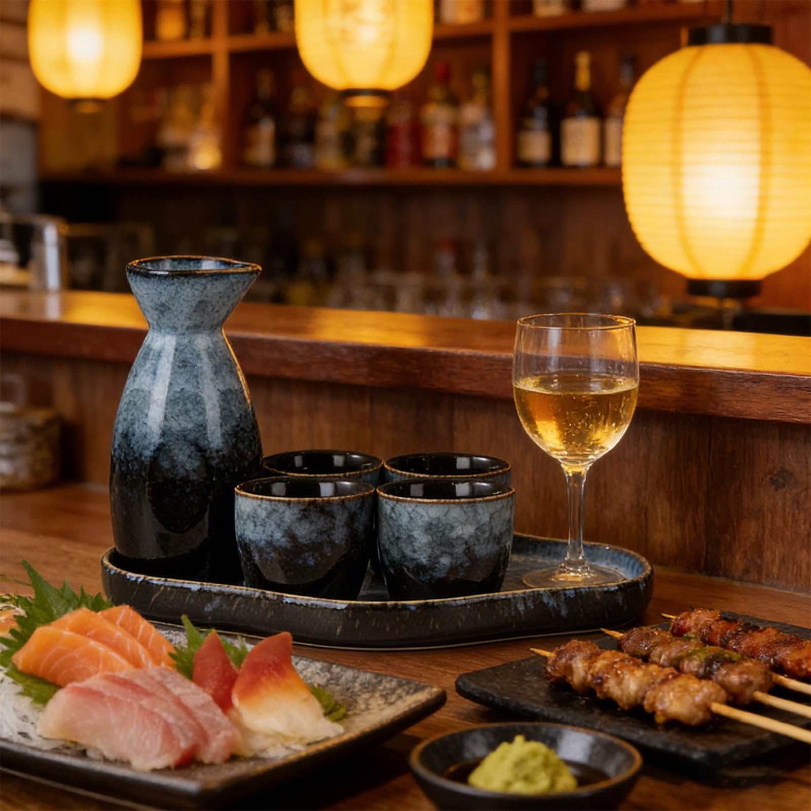Juego de sake japonés de cerámica, 6 piezas, juego de sake tradicional japonés con 4 vasos de sake de 35 ml, 1 olla de sake de 175 ml, 1 bandeja, esmalte envejecido en horno, porcelana, sake cup