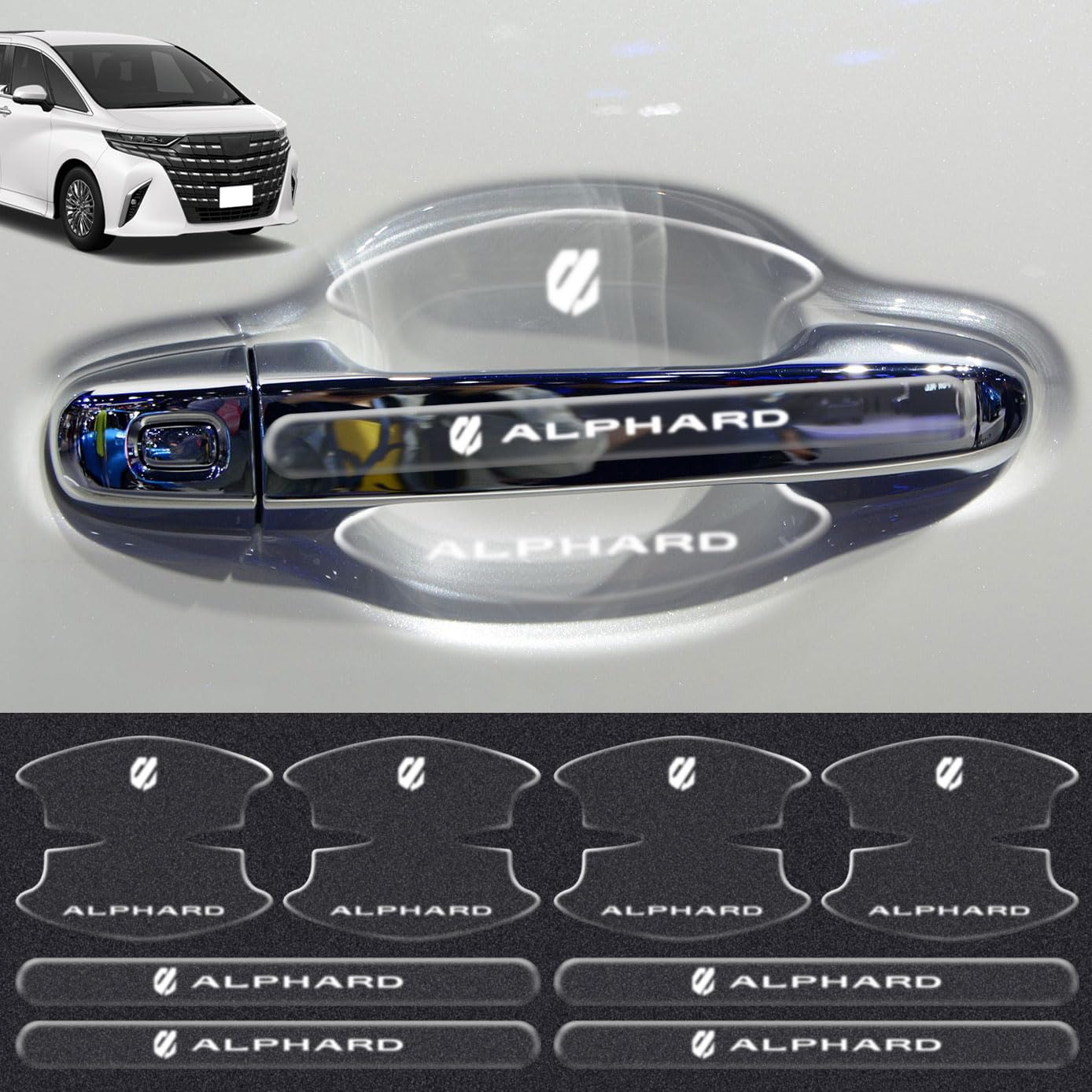 HUDIY（フーディ）新型アルファード 40系 ドアハンドル プロテクター 車種専用 ドアノブカバー ALPHARD 40系 AAHH40W AAHH45W（2023年6月～現行）シリカゲル材質 傷隠し シール 保護フィルム パーツ 外装 日本語説明書付き8ピース
