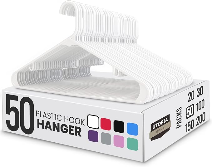 Utopia Home Plastic Hangers 50 Pack - Space Saving Clothes Hanger - Durable & Strong Closet Organizers and Storage with Built-in Strap Hooks - Essential for Shirts, Pants, Skirts & Coats (White)