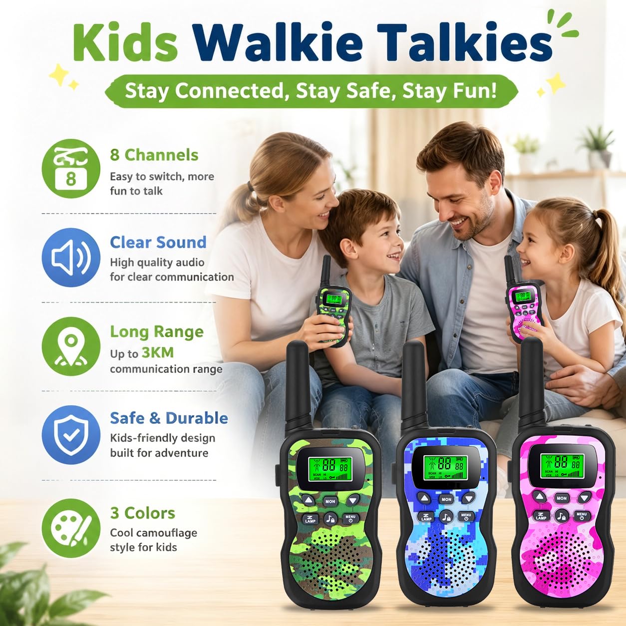 Nestling Walkie Talkies 3 Pezzi, Walkie Talkie Bambini 8 Canali Radio a 2 vie, Con Torcia LCD Retroilluminata, Giocattoli per Ragazzi Ragazza 3-12 Anni, Attività Indoor Outdoor