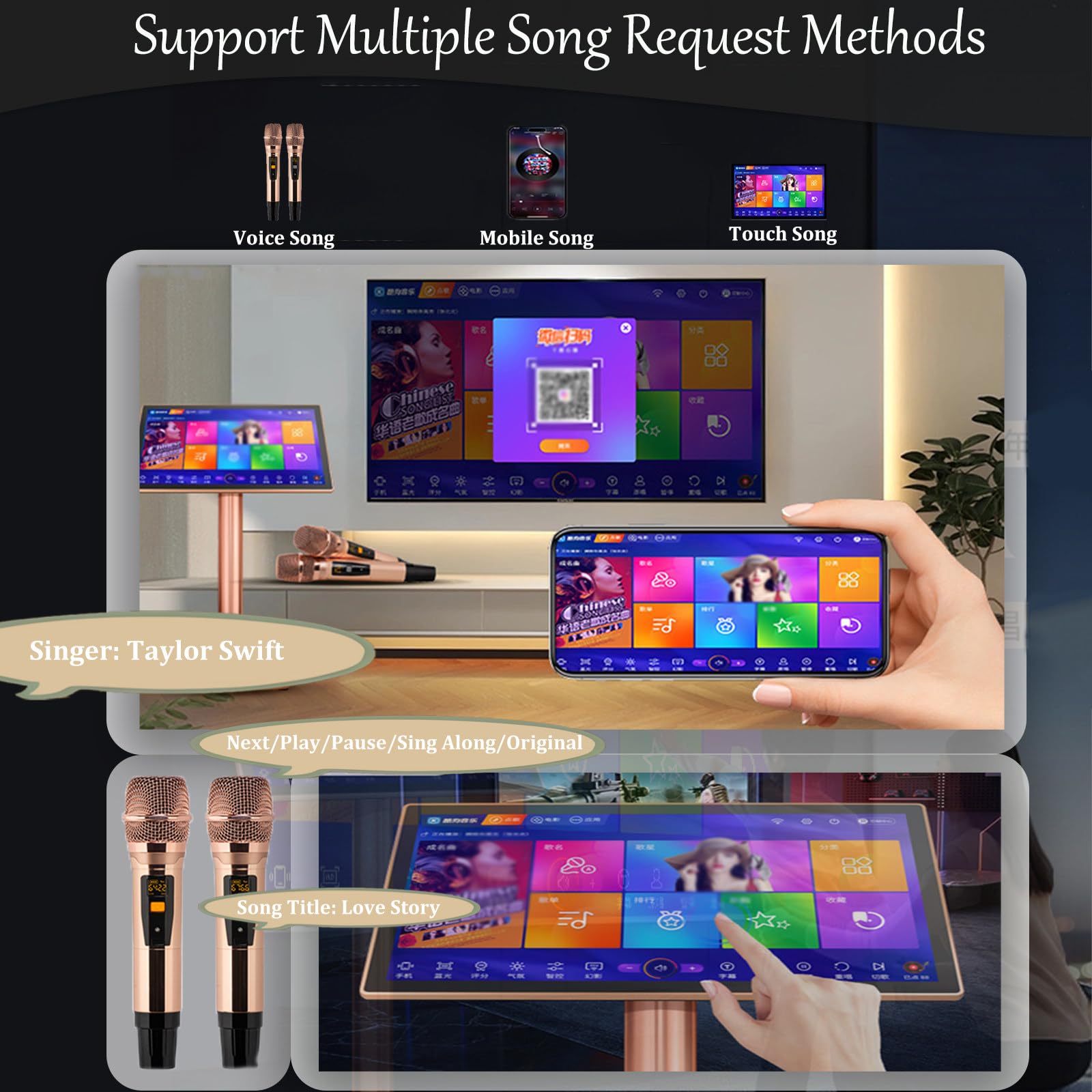 Karaoke Profesional con Pantalla Táctil Capacitiva y Micrófono Inalámbrico, Equipo de Karaoke con Función de Amplificador de Potencia para el Hogar y Bares 22in-2T
