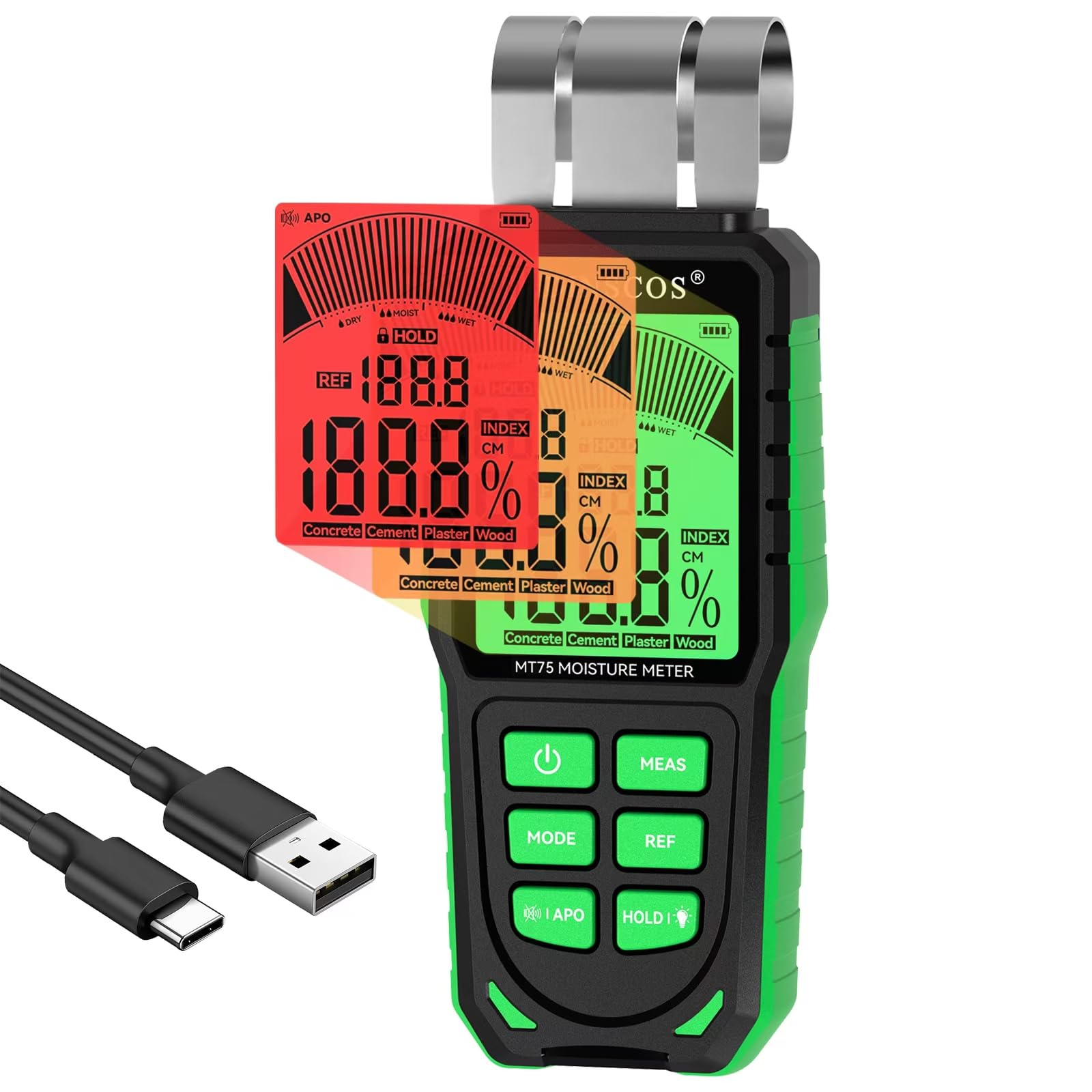 RDINSCOS Pinless Moisture Meter for Wood, Cement, Floors, Drywall, Concrete and Plaster – Non-Invasive Digital Damp Detector with 40mm Depth, REF Mode