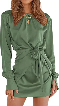 BTFBM Women Casual Long Sleeve Ruched Wrap Dress Crew Neck Tie Waist Short Dresses Solid Party Dresses Satin Cocktail Dress