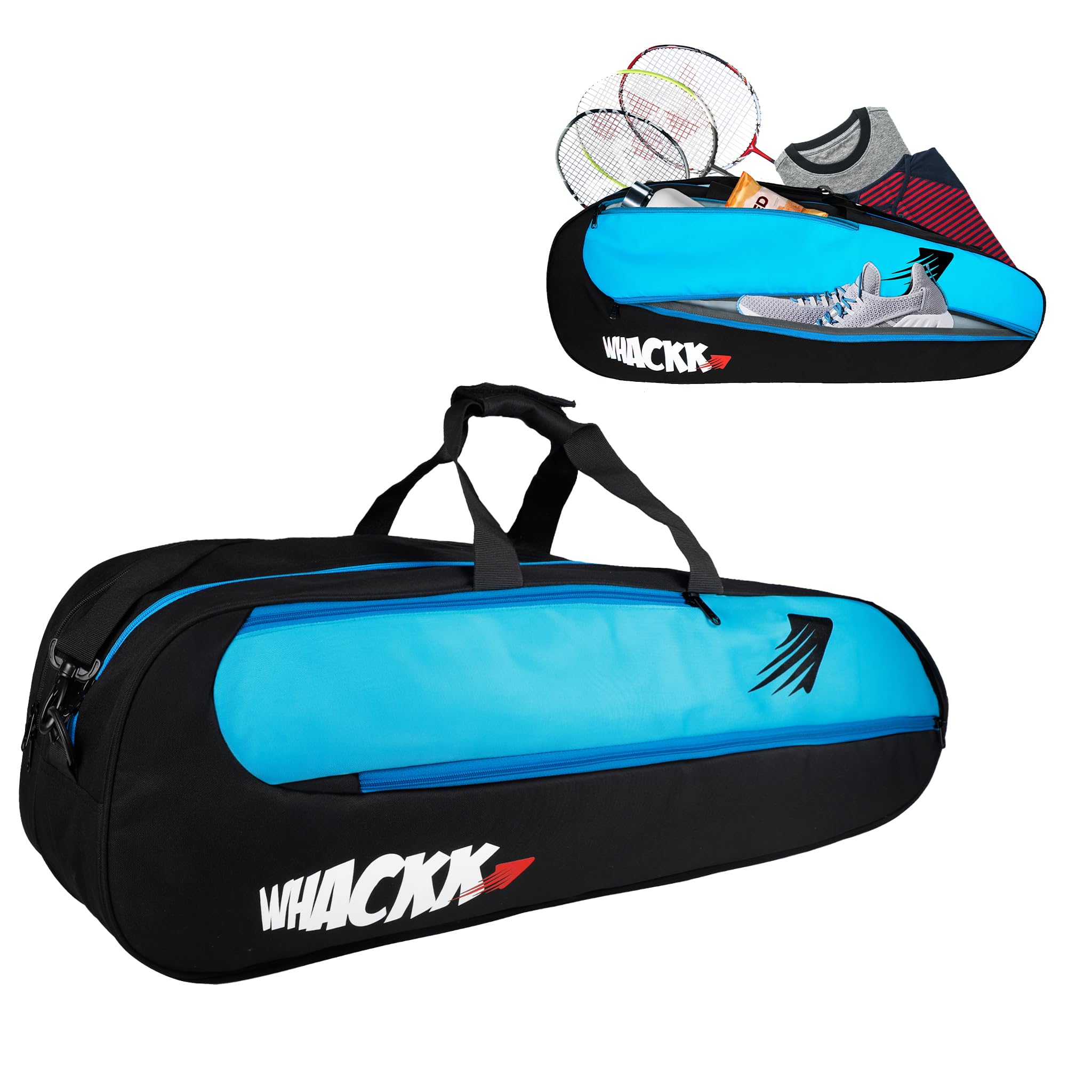 Whackk Polyester Birdie | Unisex Lightwieght Tennis Badminton Squash Equipment Cover Kit Bag Shoe Pocket | Air Ventilated Pocket for Wet Clothes | 4T 6B Racket | Backpack & Duffel (Black Blue)