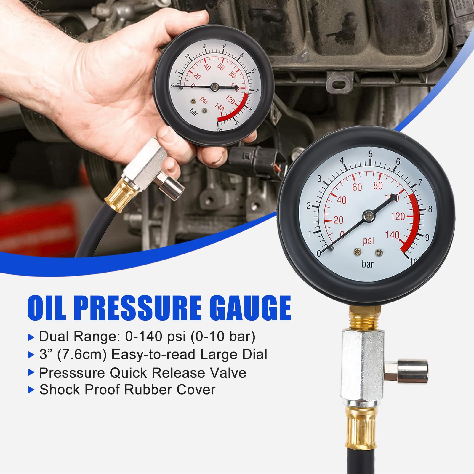 Oil Pressure Tester Kit | 0-140 PSI Engine Cylinder Oil Pressure Diagnostic - View #3