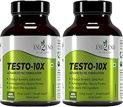 End2End Nutrition Testo-10X Natural Testosterone Booster for Men with Tribulus, L-Arginine, Ashwagandha and Safed Musli for Strength, Stamina, Energy and Muscle Gain – (Pack of 2) 60x2 Tablets