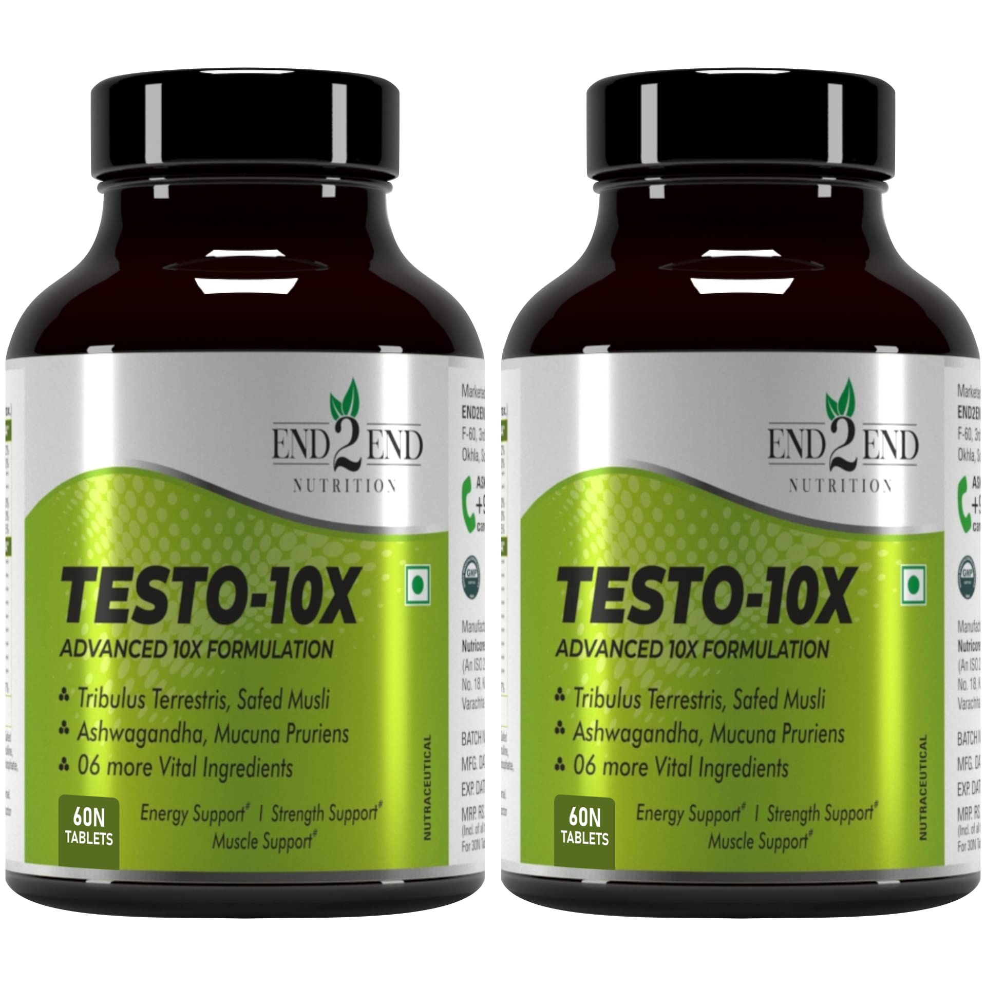 End2End Nutrition Testo-10X Natural Testosterone Booster for Men with Tribulus, L-Arginine, Ashwagandha and Safed Musli for Strength, Stamina, Energy and Muscle Gain – (Pack of 2) 60x2 Tablets