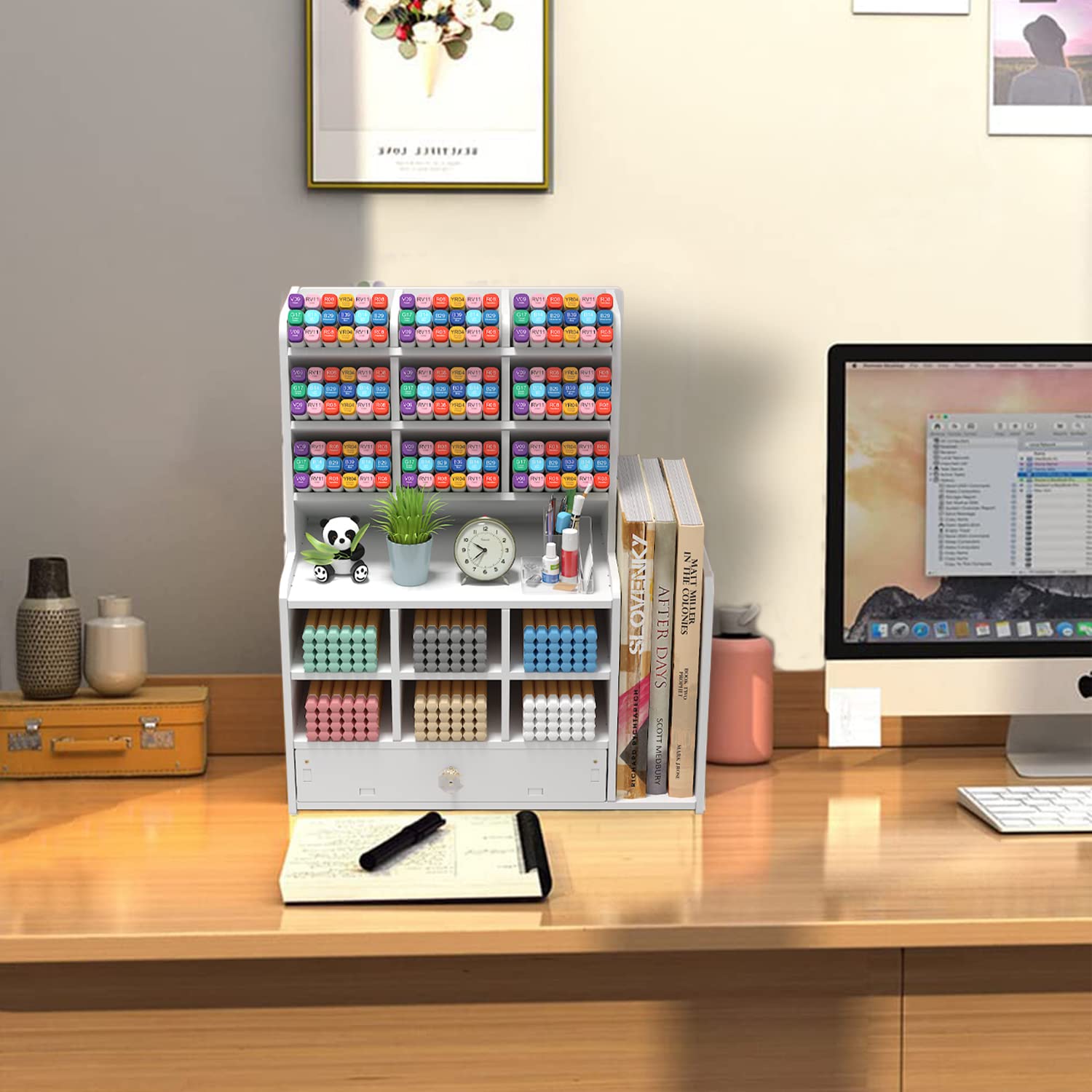 Portapenne da Scrivania,Porta Penne Bianco in Plastica,Organizer Scrivania con cassetto,Porta Penne per scrivania multifunzionale,Portaoggetti Scrivania per Ufficio,Casa, Scuola
