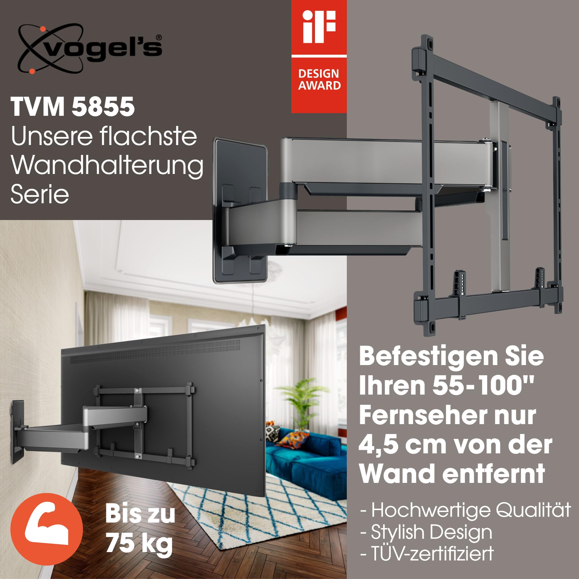 Vogel's Elite TVM 5855 Ultrastarke schwenkbare TV-Wandhalterung für große und schwere Fernseher von bis zu 100 Zoll und 75 kg, Schwenkbar bis zu 120°, Max. VESA 600x400, Universelle Kompatibilität