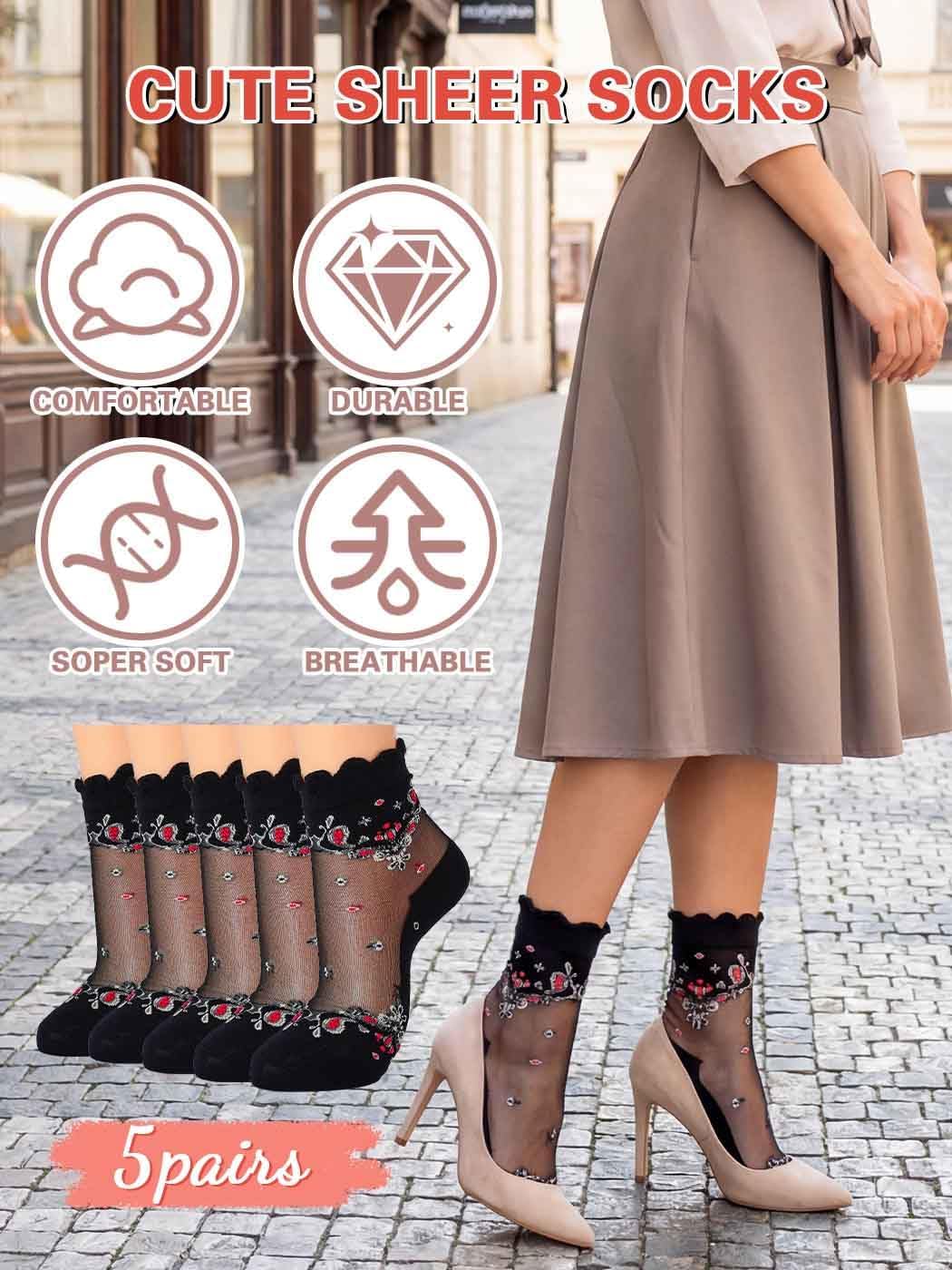 Urieo Women Sheer Socks Lace Ankle Socks Floral Mesh Sock (5 Pairs)