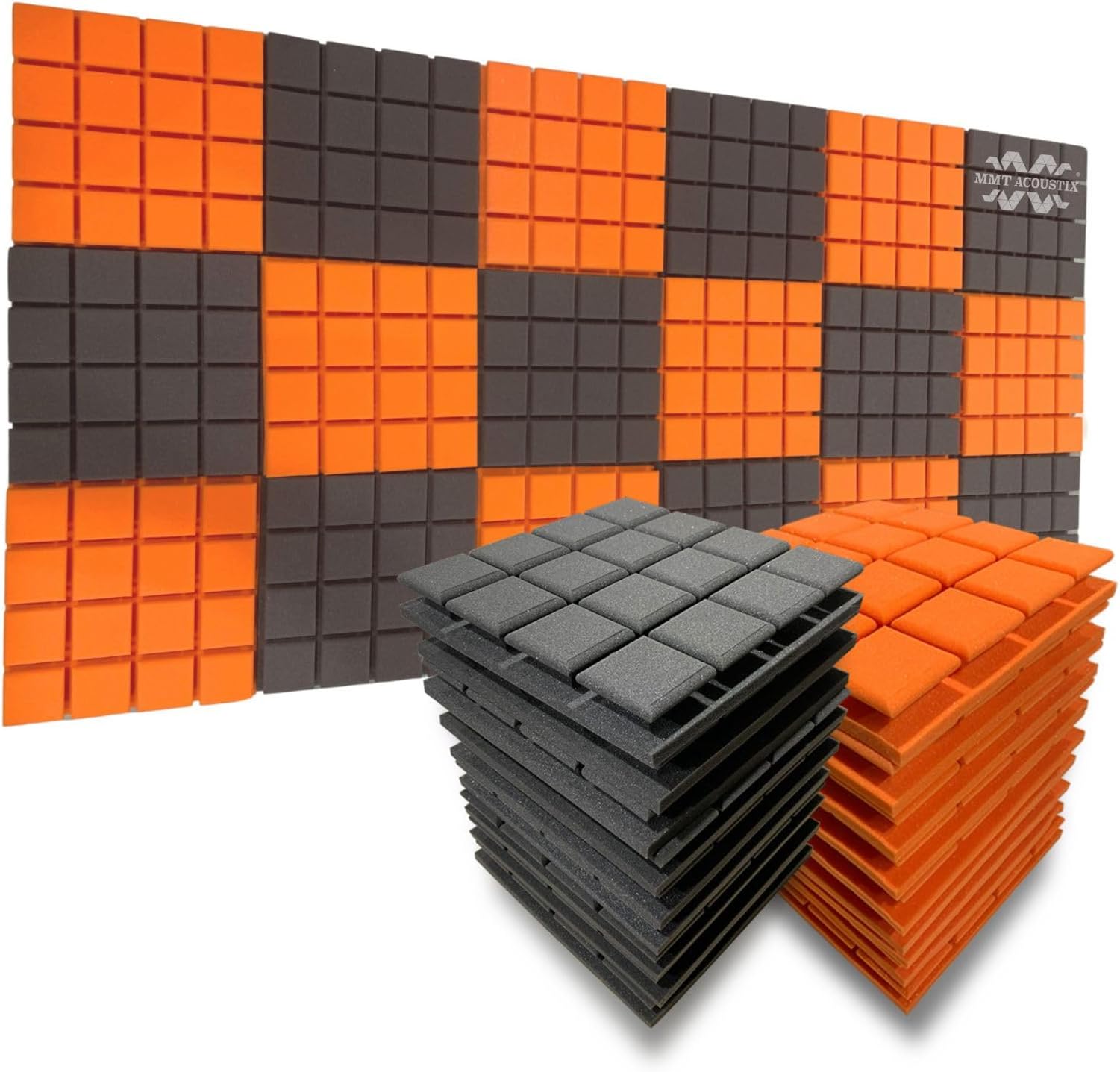 MMT Acoustix® 18 Pcs Turbo Acoustic Foam Panels, 2x Canopy Soundproofing, LED Conceal Space, 12x12x2 inch Acoustic Panel | Pro Charcoal & Orange Color