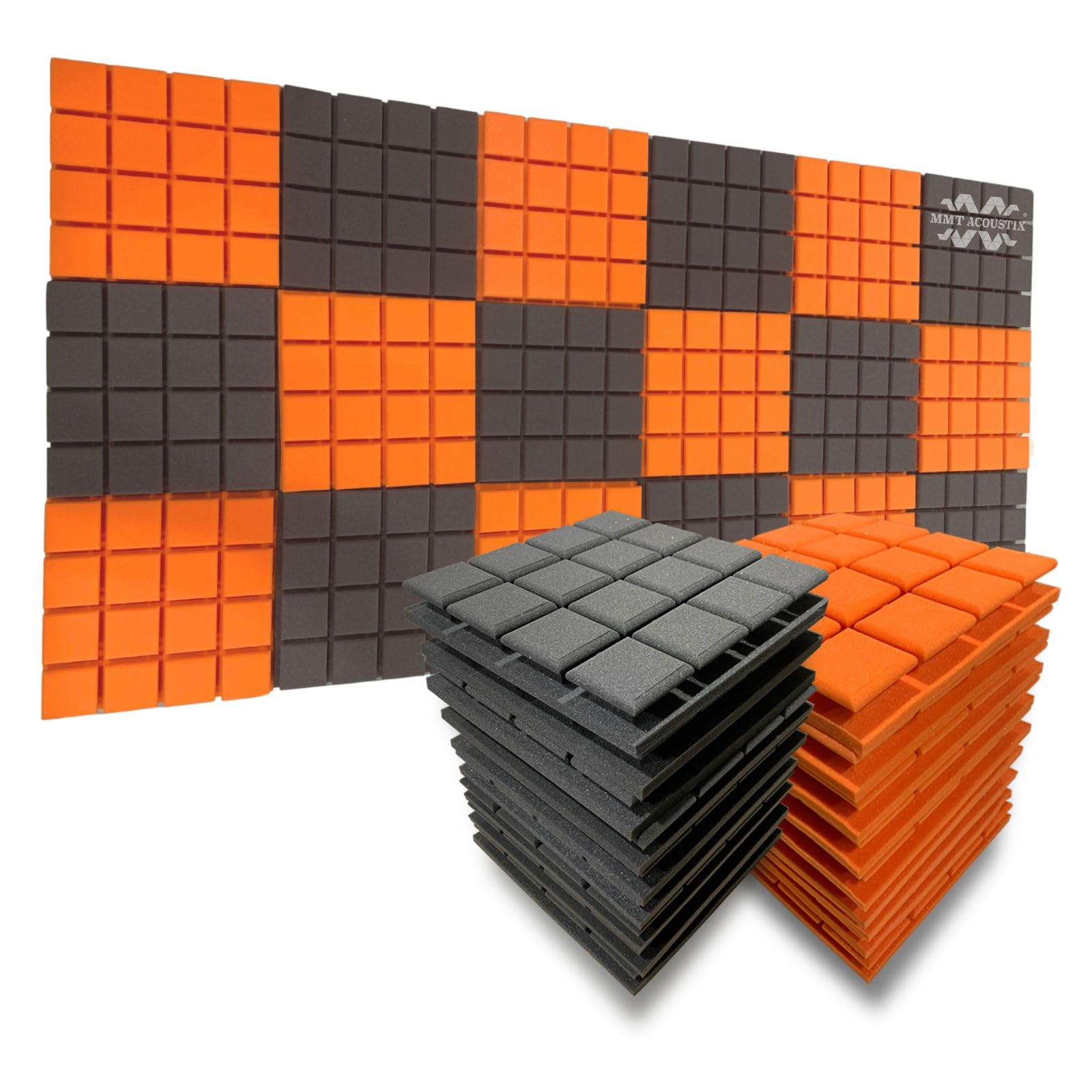 MMT Acoustix® 18 Pcs Turbo Acoustic Foam Panels, 2x Canopy Soundproofing, LED Conceal Space, 12x12x2 inch Acoustic Panel | Pro Charcoal & Orange Color