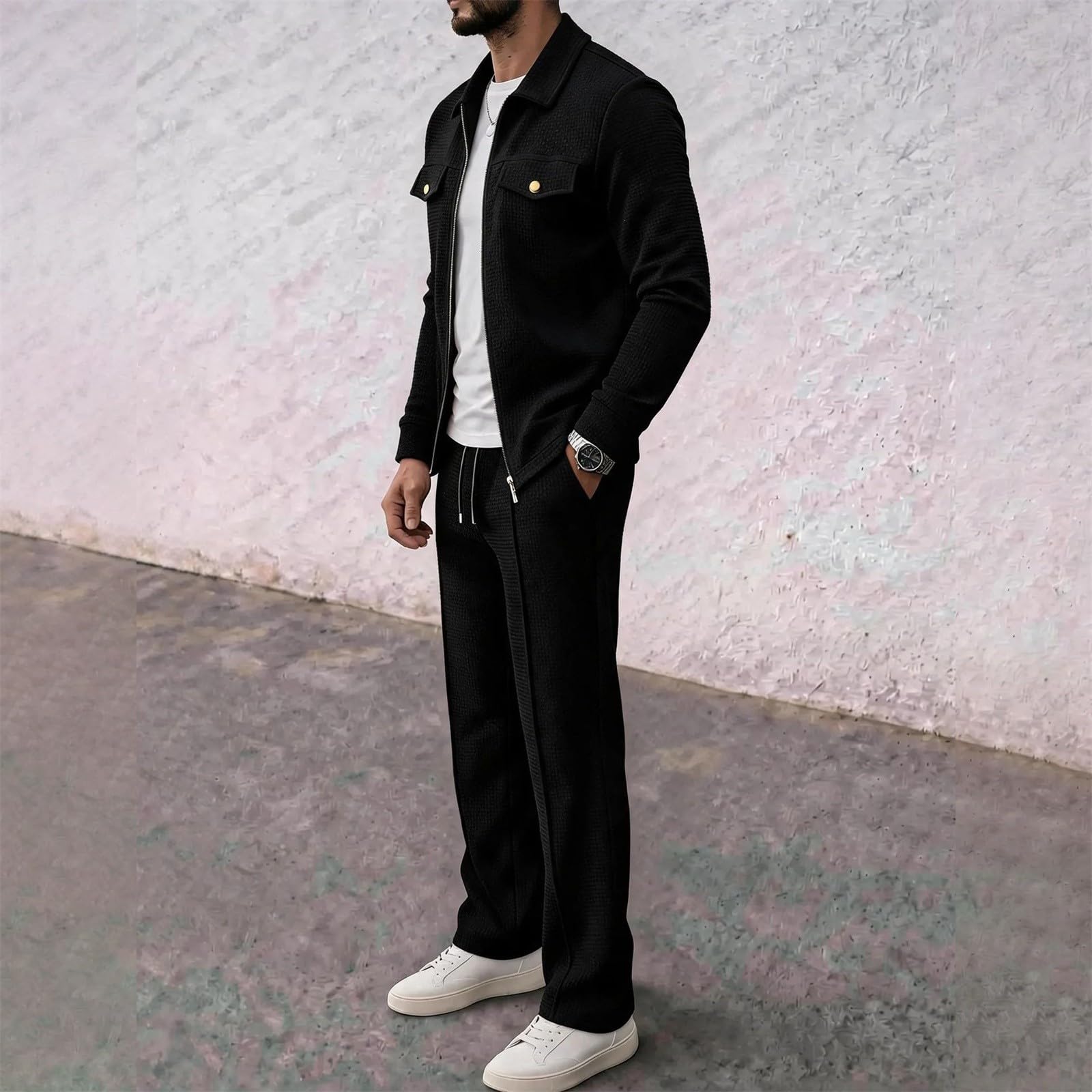 Uomo Tute Waffle 2 Pezzi Manica Lunga Cerniera Giacca & Pantaloni | Tuta Per Il Tempo Libero Sport Uomo Casual Giacca da Golf Pantaloni Jogging Tasca Set Casa Lavoro