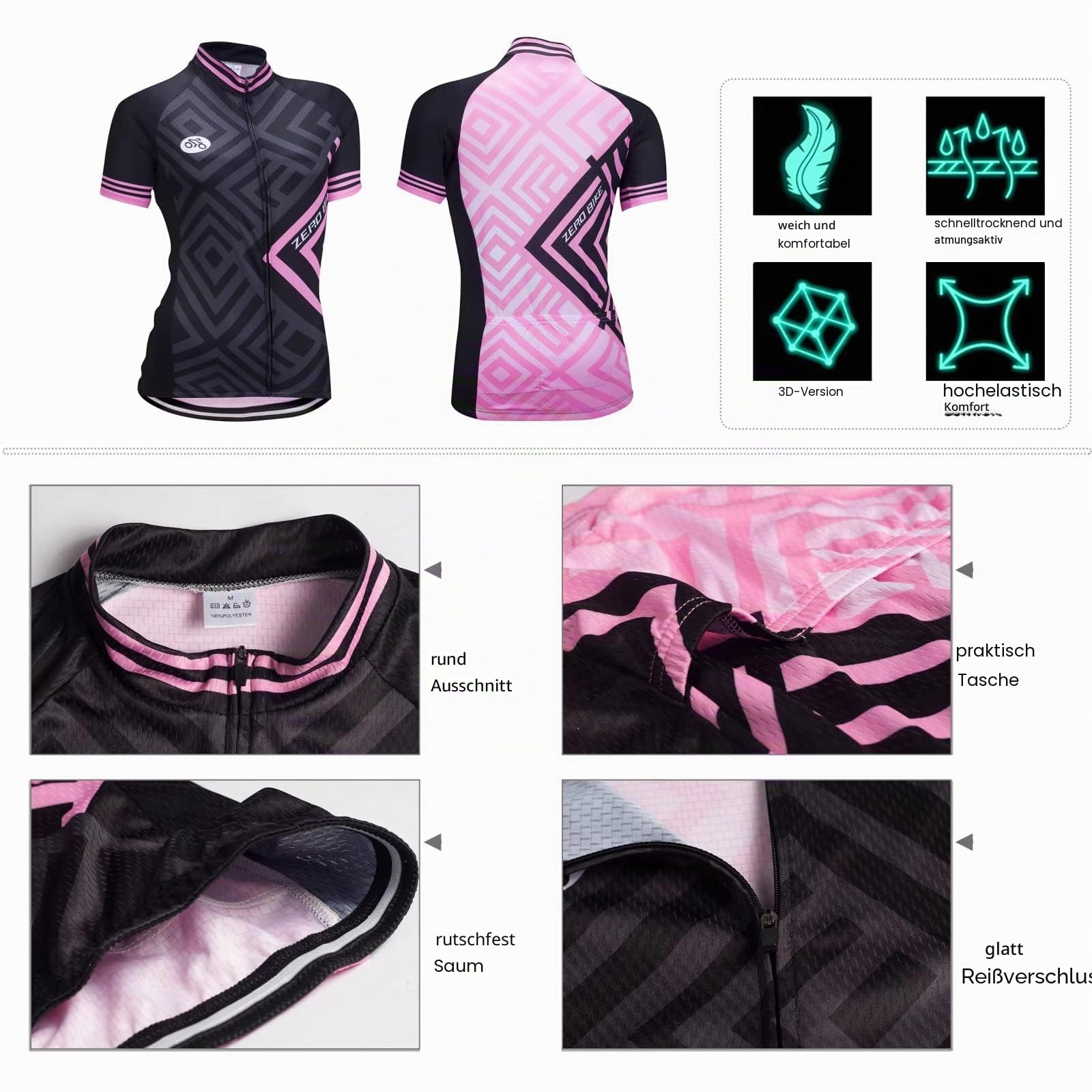 Damen Atmungsaktiv Schnelltrocknend Fahrradtrikot Set, Outdoor Kurzarm Radsport-Shirt + 3D Gel Gepolsterte Kurze Hose Fahrradhose