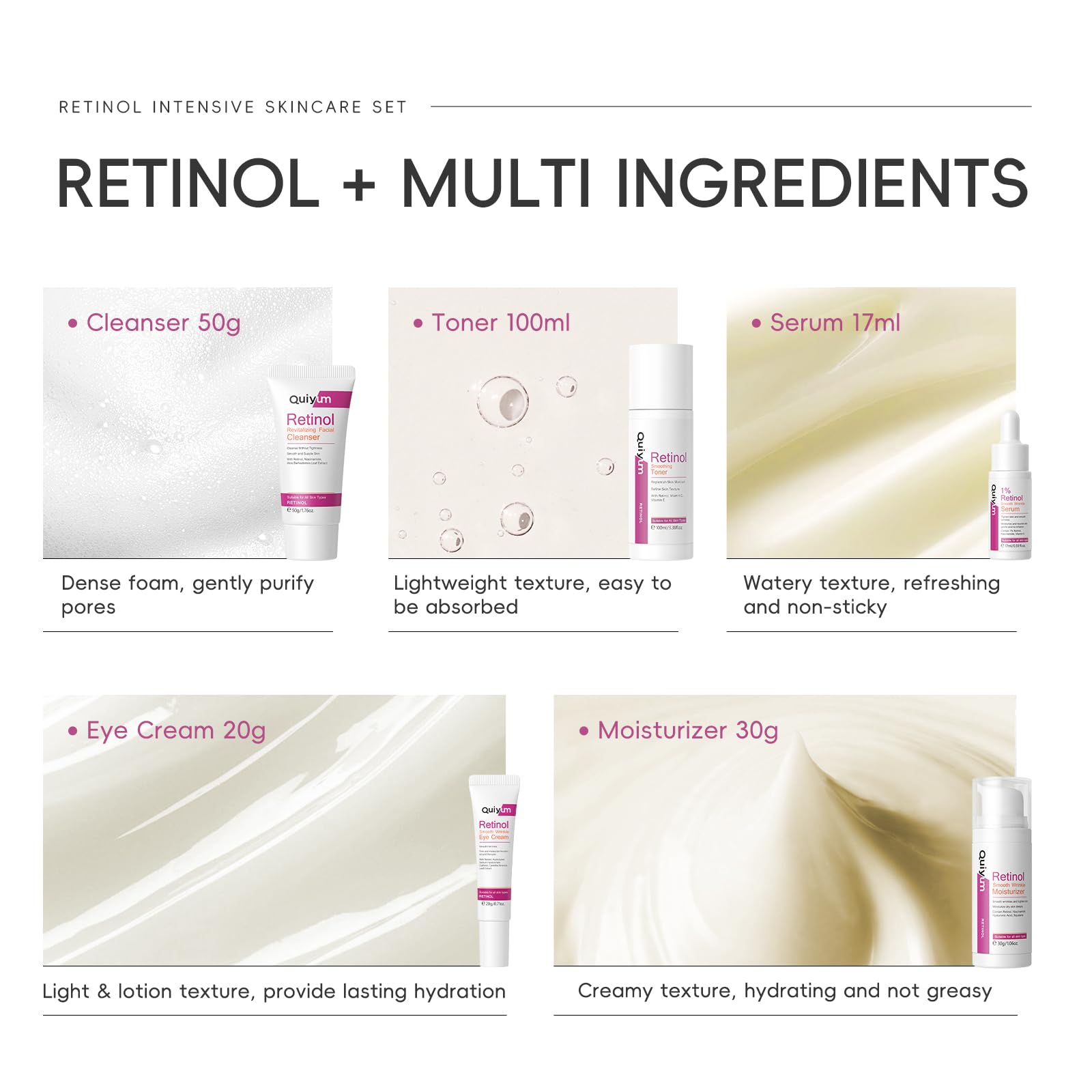 QUIYUM Kit de cuidado facial con retinol para mujer, set skincare | antiedad y antiarrugas de 5 piezas con limpiador, tónico, sérum, crema de ojos e hidratante
