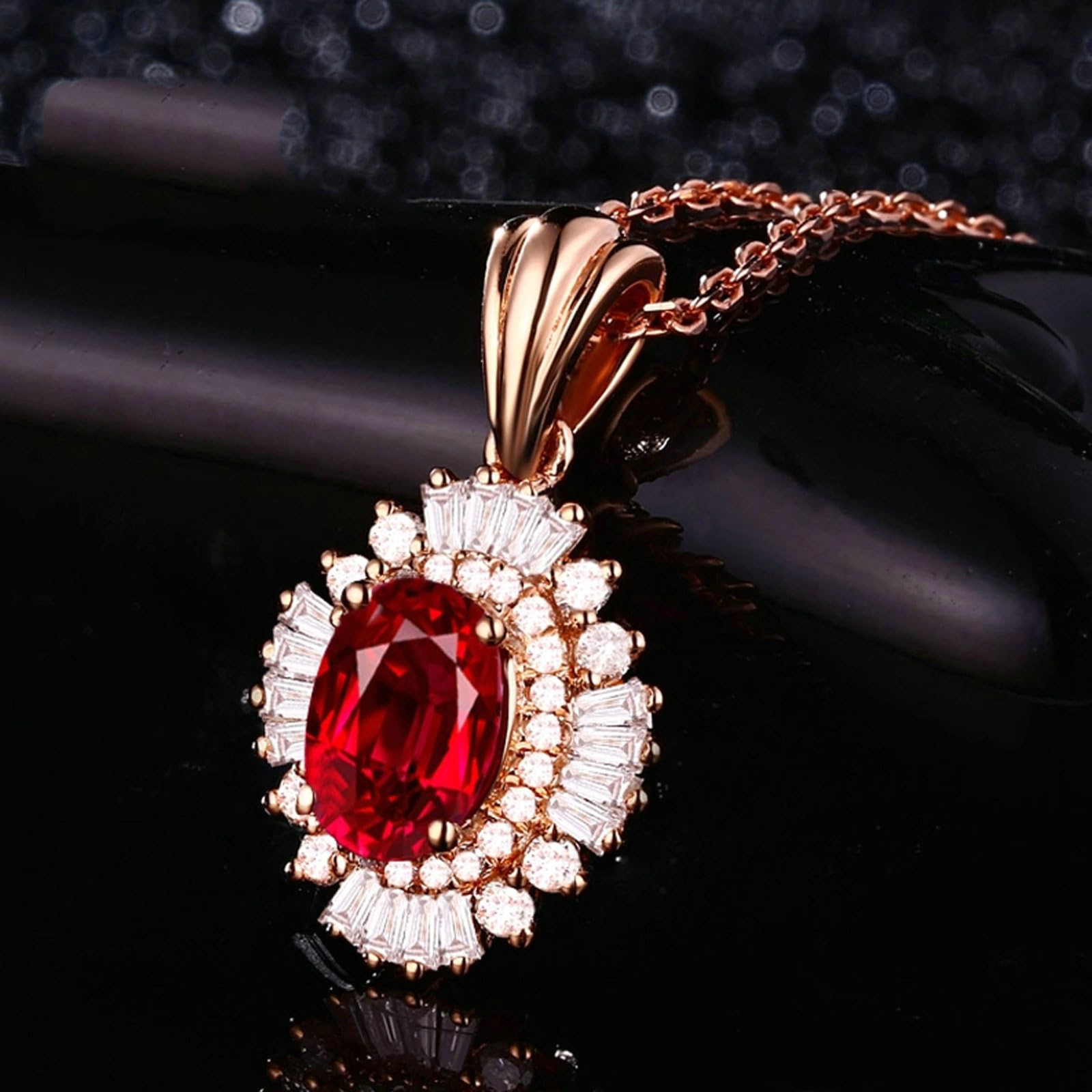 Collar con colgante para mujer de oro rosa 750 585 375, colgante de lujo flor con rubí de 1 ct y diamante de 0,33 ct oro rosa cadena mujer 45 cm sin níquel