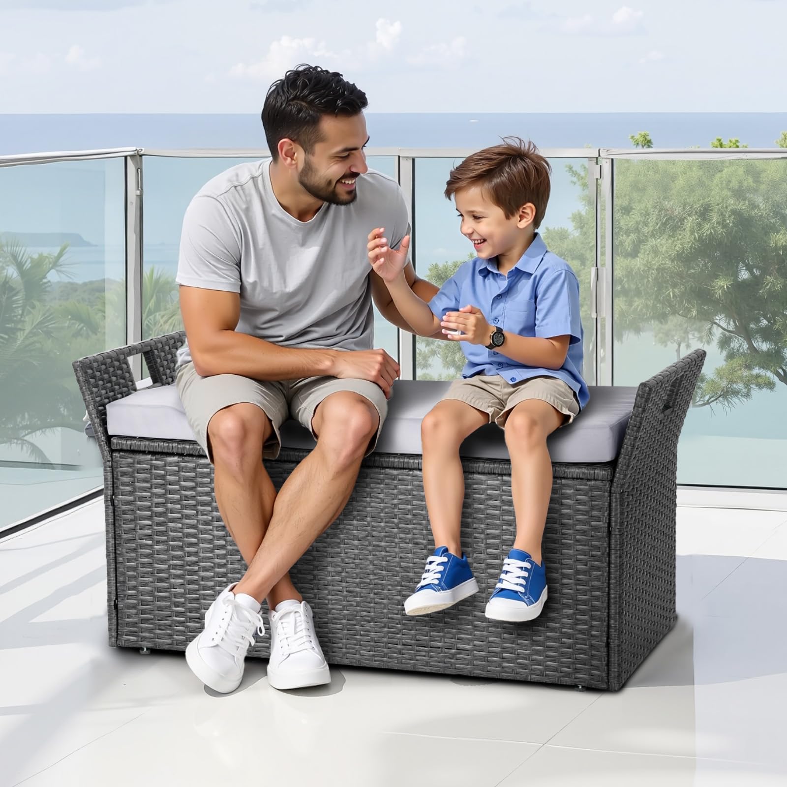 VEVOR Panca Portaoggetti da Esterno, Panca Portaoggetti in Rattan PE per 2 Persone, Contenitore Intrecciato con Cuscino Maniglia Laterale, Supporto Max 180kg, Seduta da Giardino Decorazione Balcone