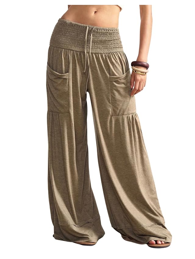 SOLY HUX Womens Palazzo Pants Boho Baggy Wide Leg Trousers with Pocket Travel Outfit