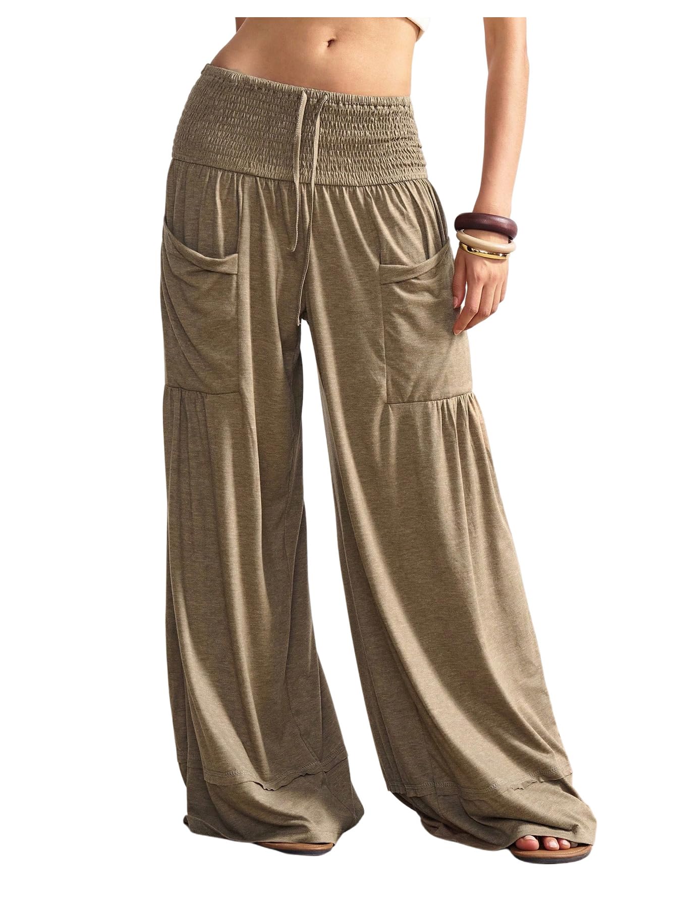 SOLY HUX Womens Palazzo Pants Boho Baggy Wide Leg Trousers with Pocket Travel Outfit