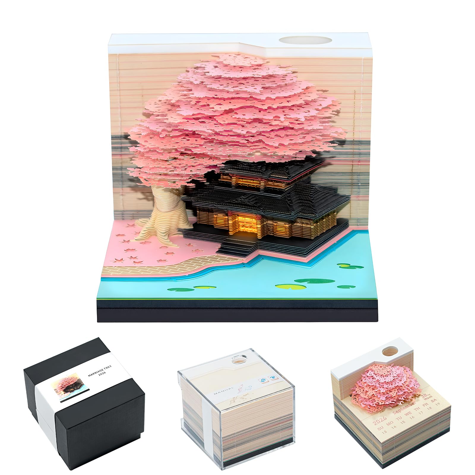 Calendrier 3D 2026, bloc-notes 3D avec lumière LED, décoration de bureau, porte-stylo, maison d'arbre amovible, calendrier 2026
