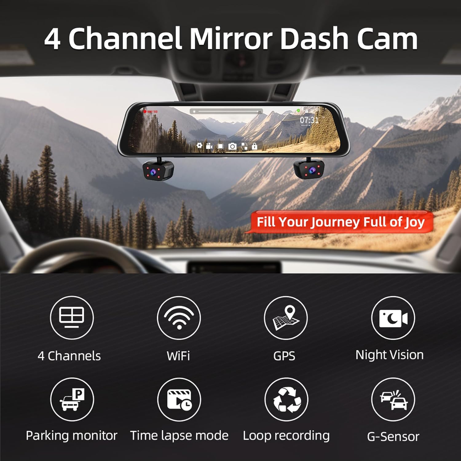 Mirror Dash Cam 4 Channel Dash Cam Front and Rear/Inside, Touch Screen 12’’ FHD 1080Px4 Rear View Mirror Camera, 8 IR Night Vision, Built-in WiFi, GPS, Parking Monitor