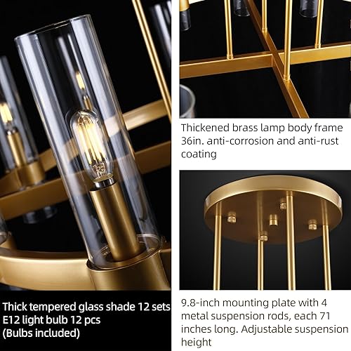 Miniatura 5 de Candelabro redondo de latón de 12 luces de 36 pulgadas con rueda de vagón para comedor, lámpara de tubo de vidrio transparente, candelabros modernos