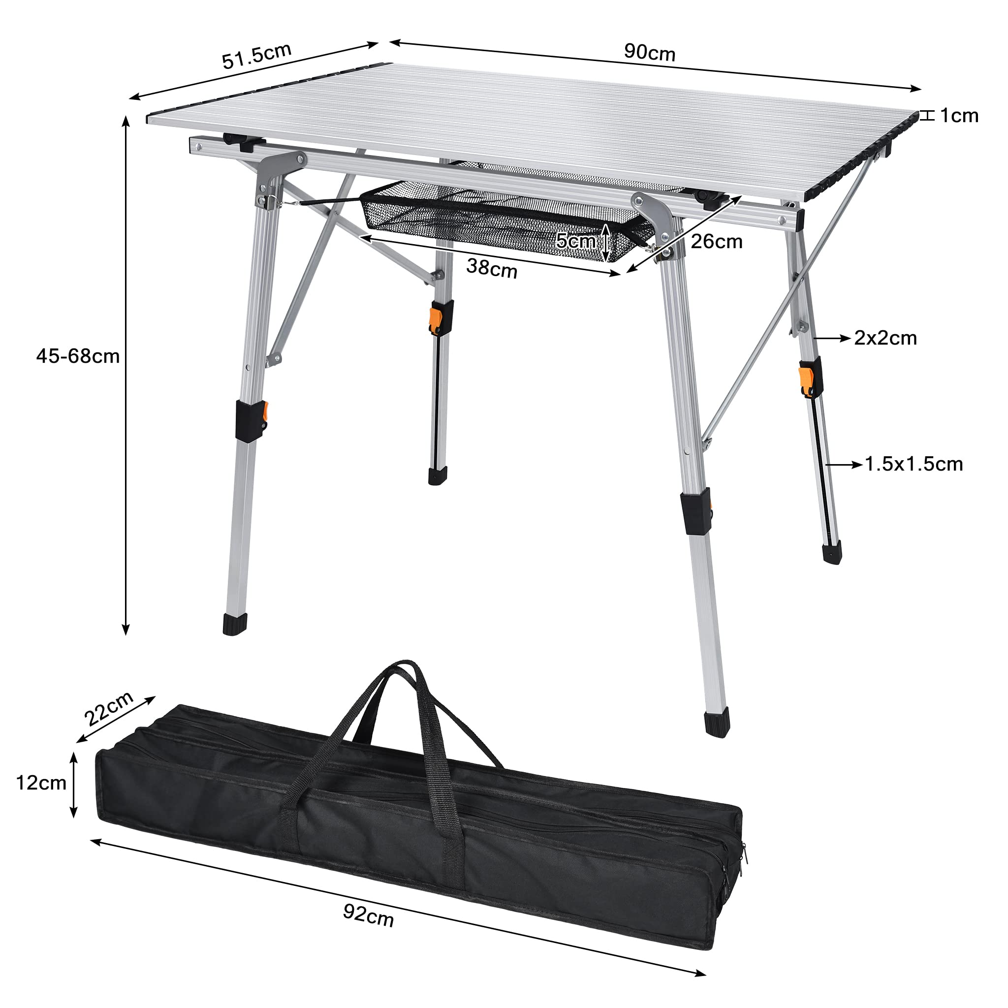 TRMLBE Campingtafel Inklapbaar 90x52x45cm Aluminium Klaptafel in Hoogte Verstelbare Tuintafel Kampeertafel met draagtas tot 30kg voor camping picknick keuken - Zilver