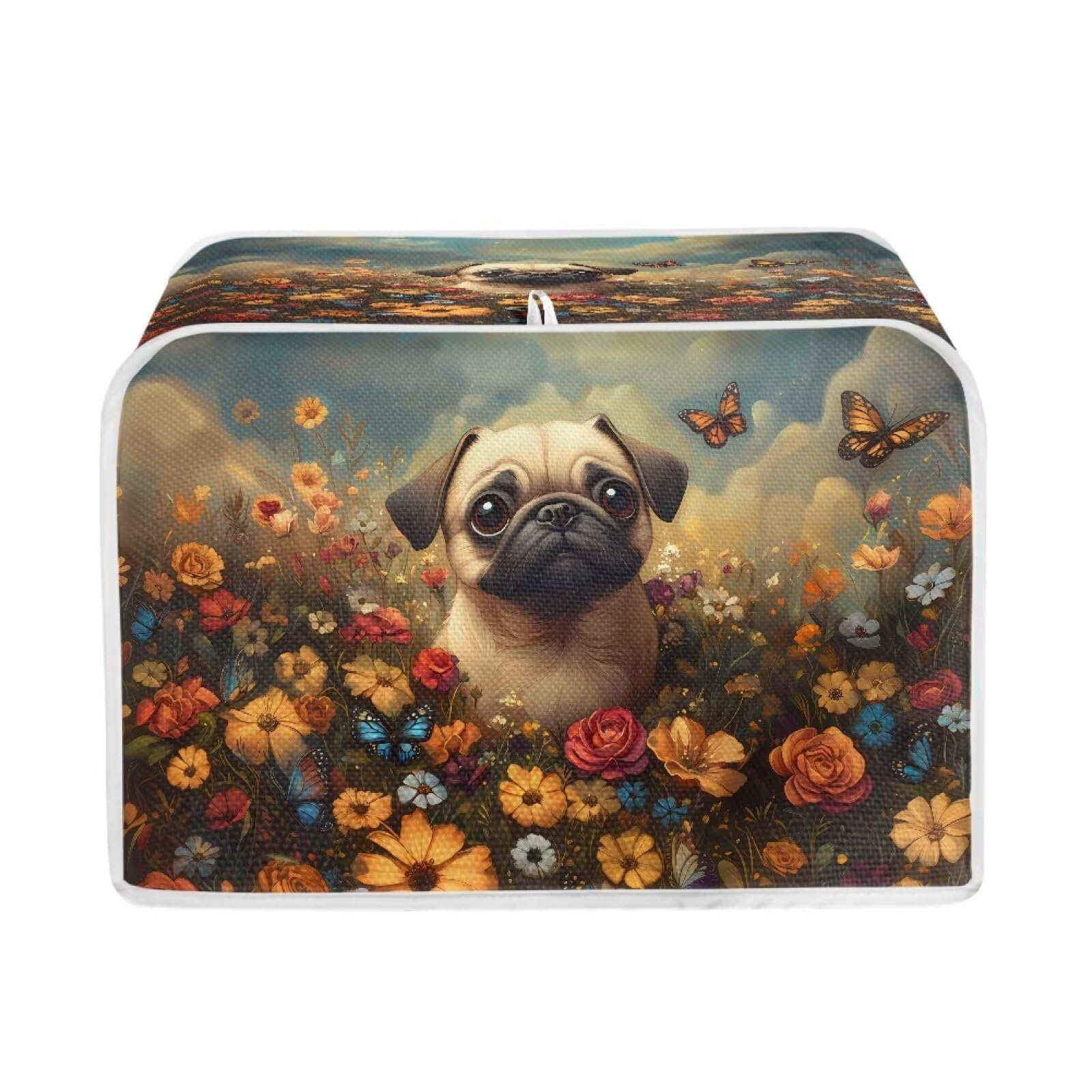 Talayituse Pug Dog Butterfly Rose Print Toaster Cover 2 Slice Wide Slot, Lightweight Bread Maker Cover Dust Protection Washable Appliance Bag, S