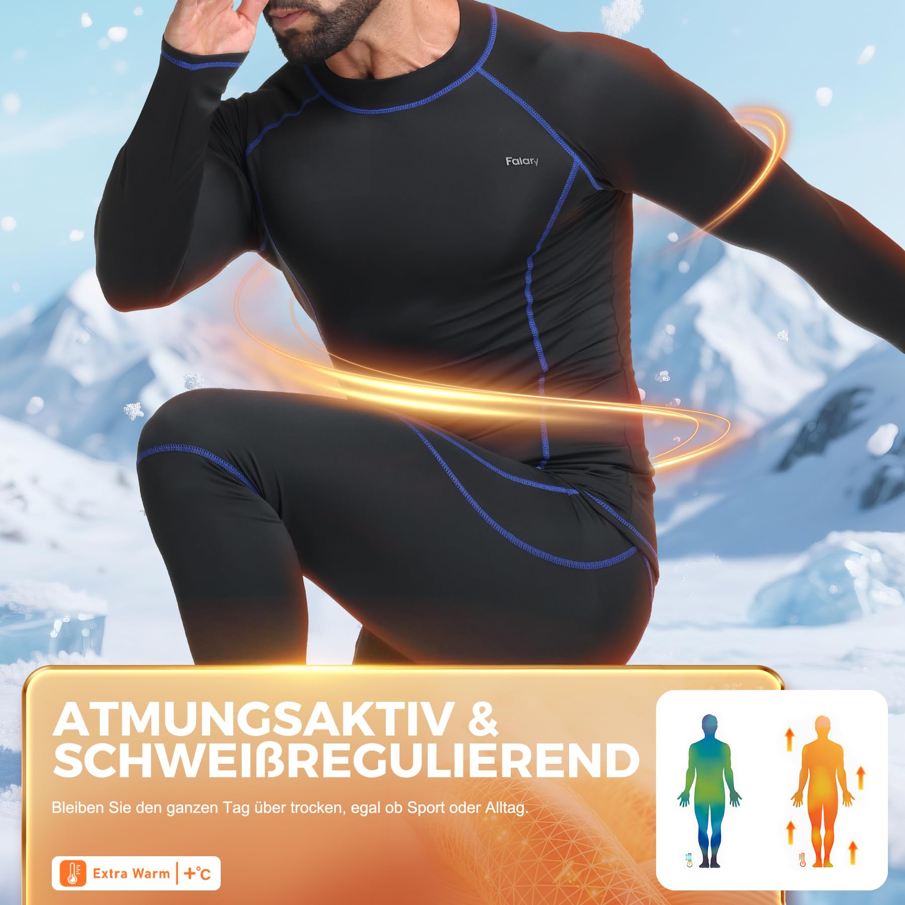 FALARY Winter Thermounterwäsche Herren Set – Warme Funktionsunterwäsche & Skiunterwäsche, Atmungsaktiv Thermohose und Thermounterhemd für Outdoor Sport, Laufen – Größe L