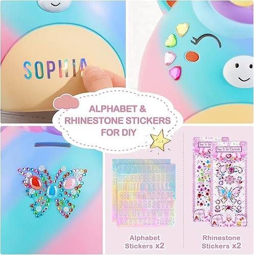 Miniatura 3 de Alcancía de unicornio para niñas, bonita alcancía irrompible de resina con calcomanías y pulsera, juego de pulseras para niños pequeños, azul y