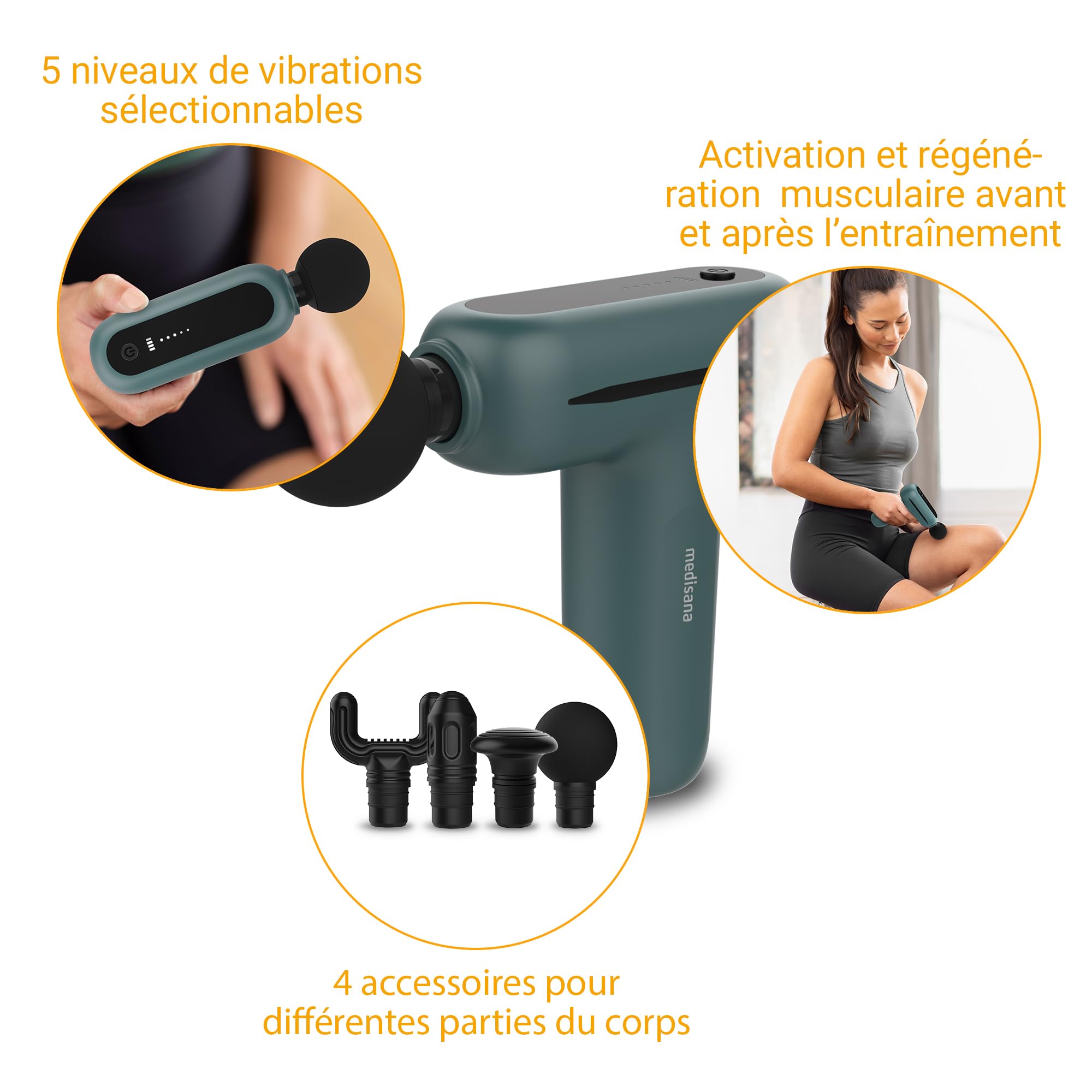 medisana MG 200 mini massage gun, pistolet de massage avec 4 embouts | appareil de massage avec mode Smart et 5 intensités pour détente, longue durée de batterie, avec boîte de rangement