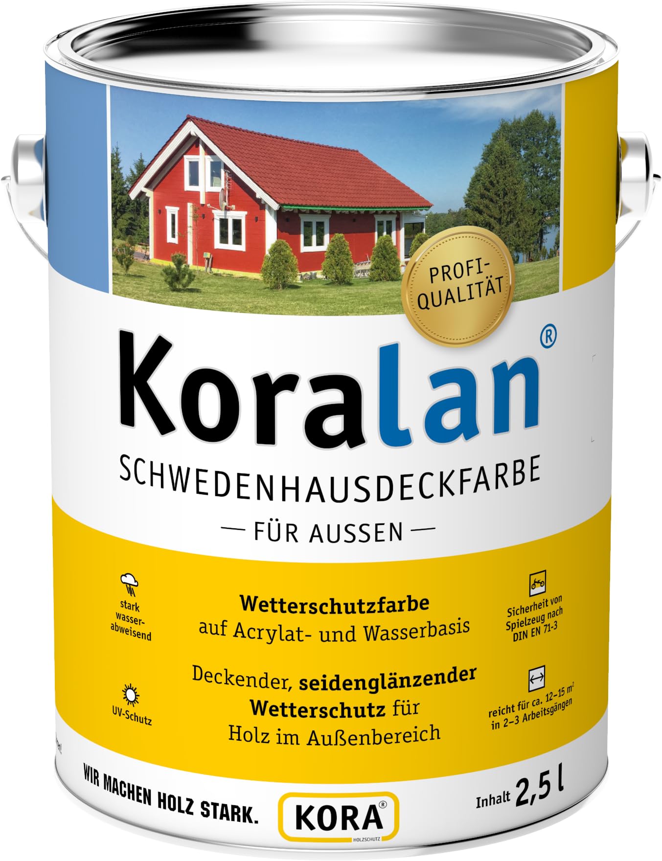 Koralan® Schwedenhausdeckfarbe – Deckende Holzfarbe für Dachuntersichten, Fachwerk, Gartenhäuser, Carports & Holzfassaden (Schwedenrot, 2,5 Liter)
