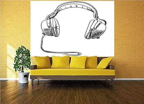 Miniatura 2 de Mural de pared de 55 x 30 pulgadas, estilo boceto, audífonos DJ dibujados a mano, radio de ritmo moderno, arte hippie, ilustración, despegar y
