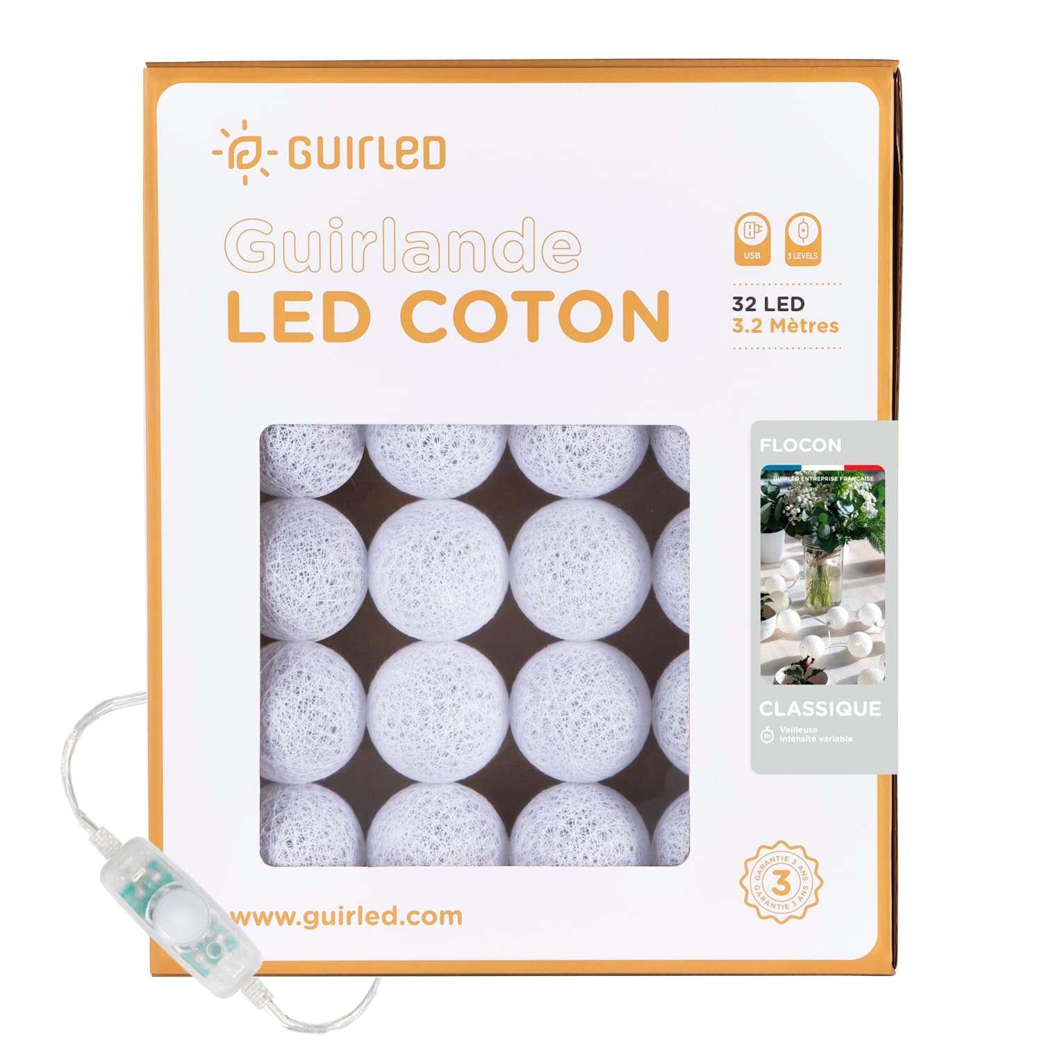 GuirLED - Łańcuch świetlny LED z bawełnianymi kulami USB – lampka nocna dla dziecka 2 h – podwójny zasilacz USB 2 A w zestawie – 3 intensywności – 32 kule 3,2 m – Flocon