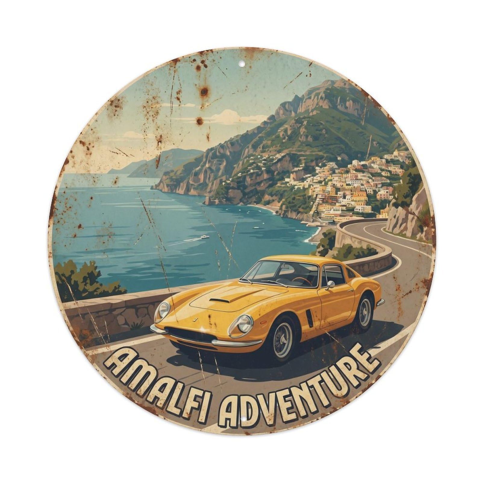 Vintage Travel Amalfi Yellow Car Coastal Metal Tin Sign Plaque Wall Decor for Cafe, Club, Garden Round Metal Poster 8x8Inch