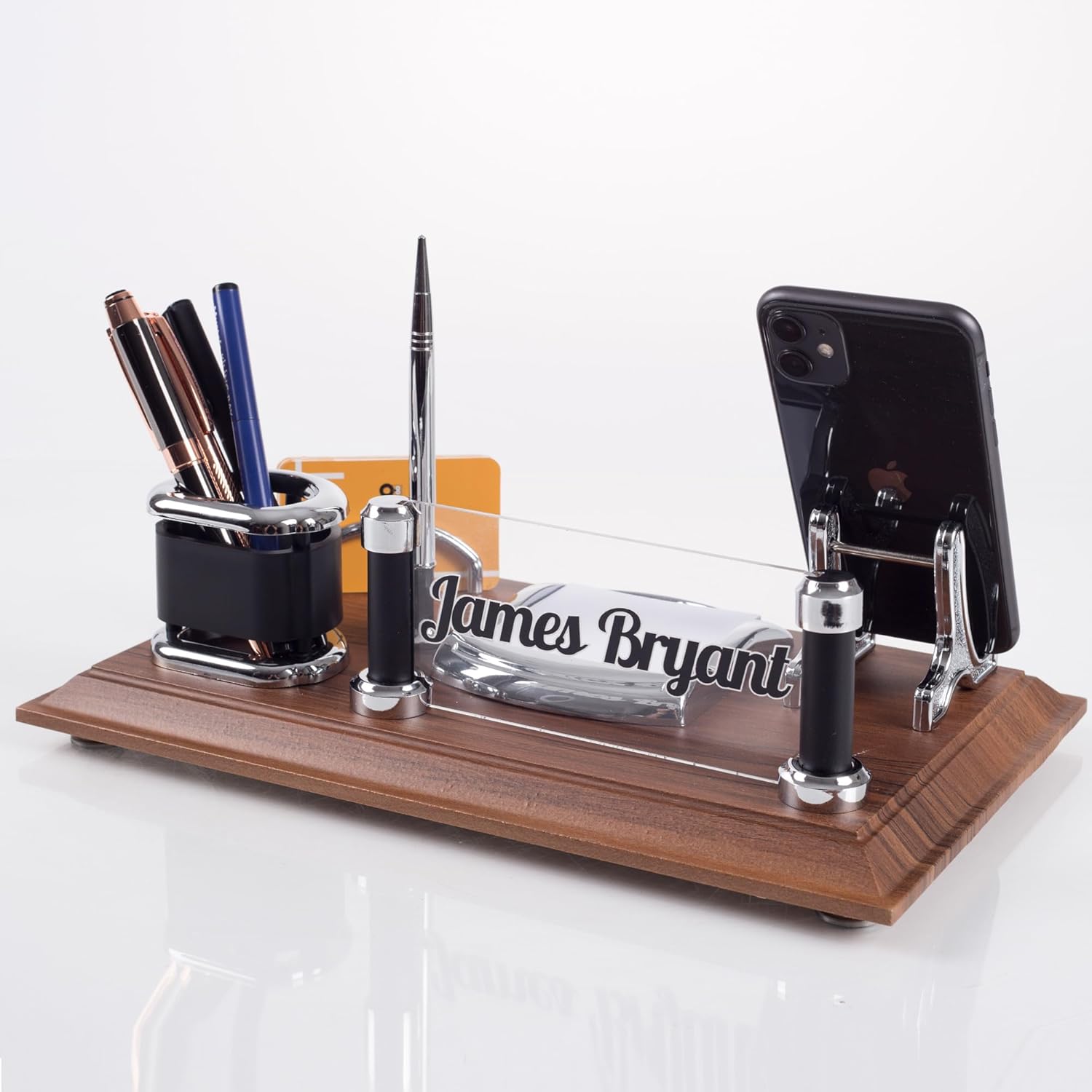 Wood Desk Organizer and Name Sign, Desk Name Plate with Phone Holder Card Holder and Pen, Solid Wood Display Membrane Coating