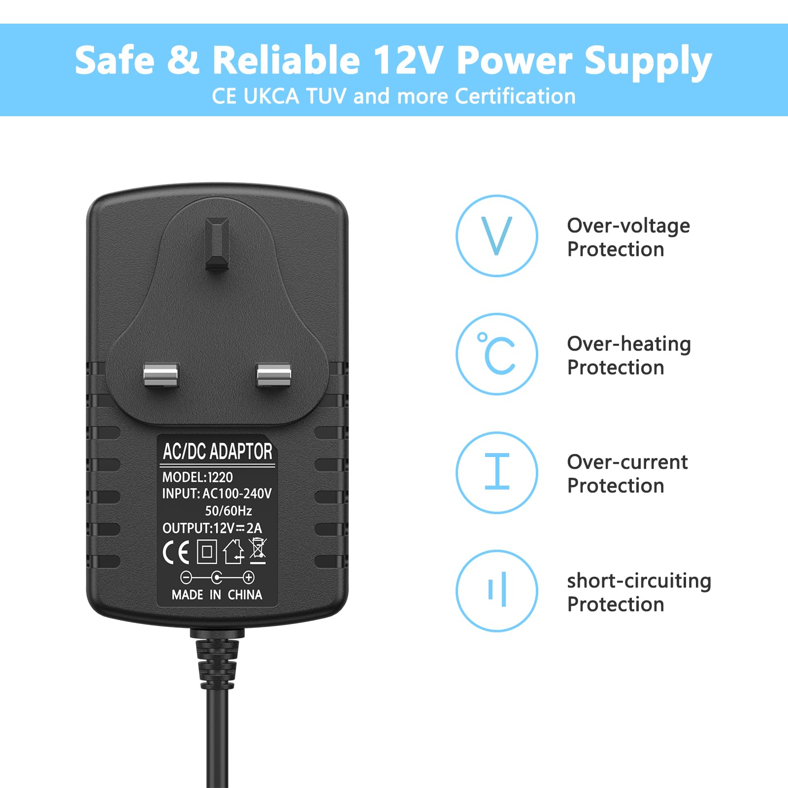 12V 2A Power Supply for LED Strip Lights, 100-240V AC to DC 12V Converter Adapter Driver Transformer, 24W UK Plug with 1.5M Cable, 5.5mm x 2.1mm Jack — view 5