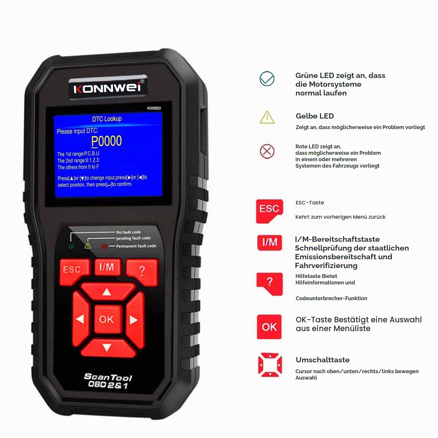 KONNWEI KW850 OBD2 Diagnosegerät, OBDII/EOBD Diagnose Fehlerspeicher Auslesen, mit Vollständigen OBD2 Funktionen, Universal Fehlercode Auslesegerät,Kompatibel mit Allen Fahrzeugen nach 2002 (Schwarz)