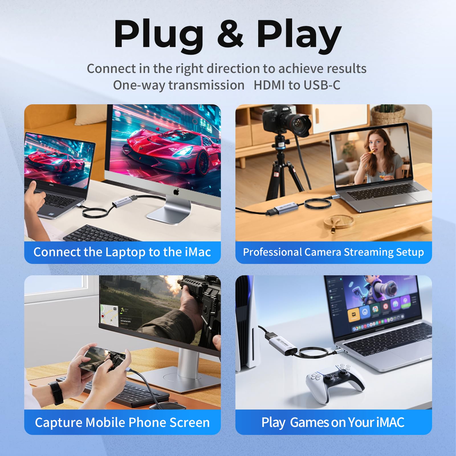 Guermok Carte de Capture Switch, Streaming et Enregistrement en 4K@60FPS, 1080P@240FPS, 1m, USB 3.0 HDMI vers USB-C, Compatible Pad, Switch 2/1, Quest 3, Mac, PC, OBS