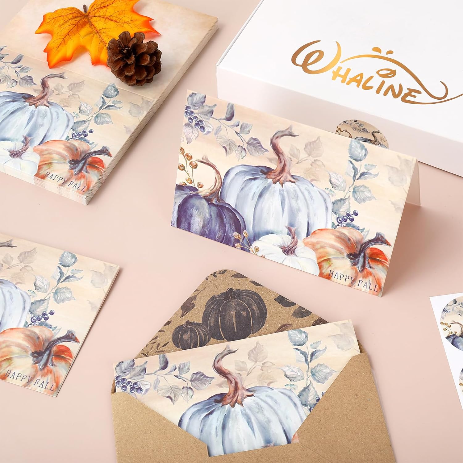 Whaline 50 Pack Fall Thank You Cards Bulk Boxed Vintage Blue Pumpkin Greeting Cards with Envelope Sticker Blank Note Cards for Autumn Thanksgiving Wedding, 4 x 6 Inch - Image 4